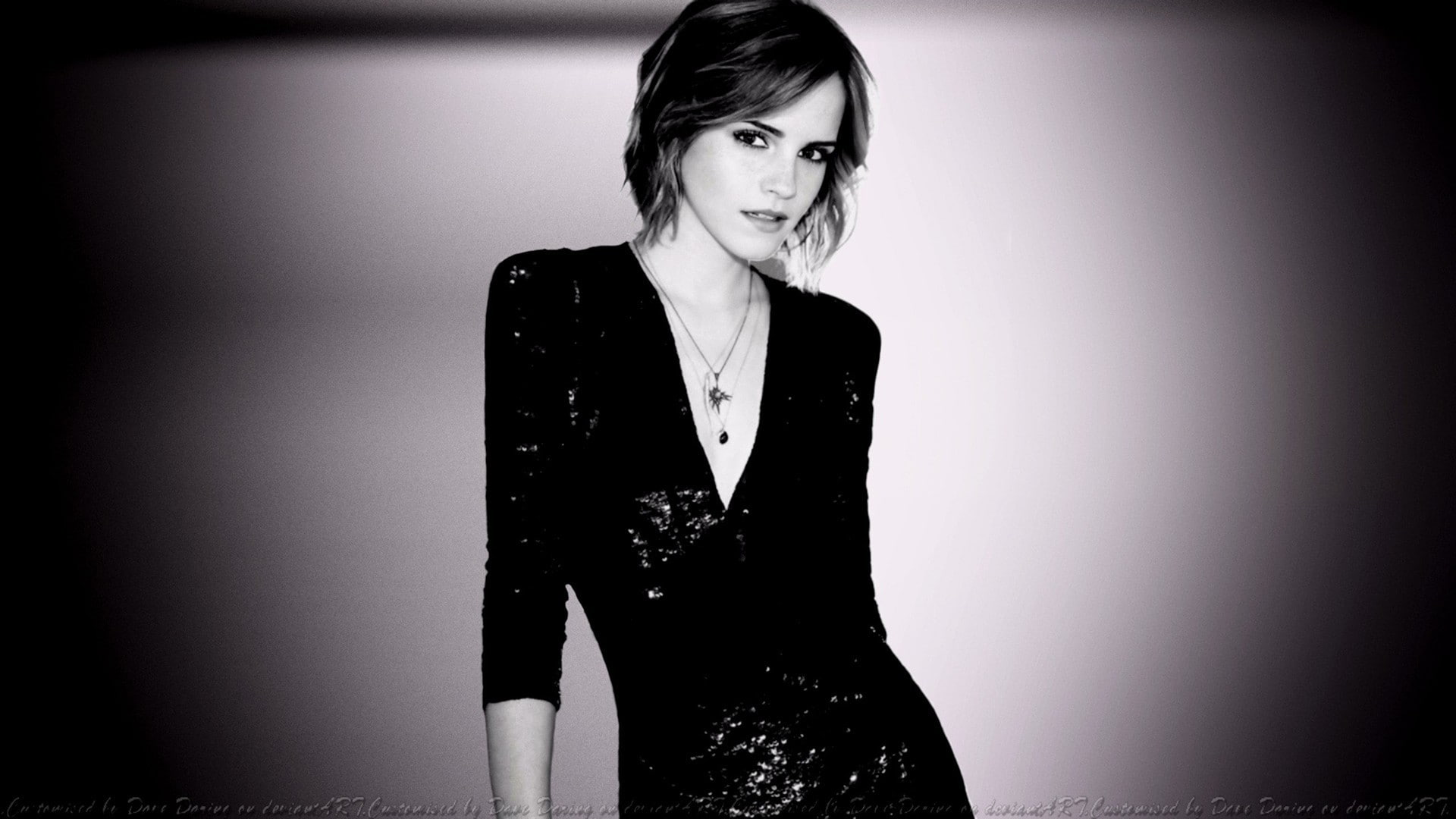 looking at viewer, 1080P, necklace, celebrity, actress, monochrome, Emma Watson, women, HD Wallpaper