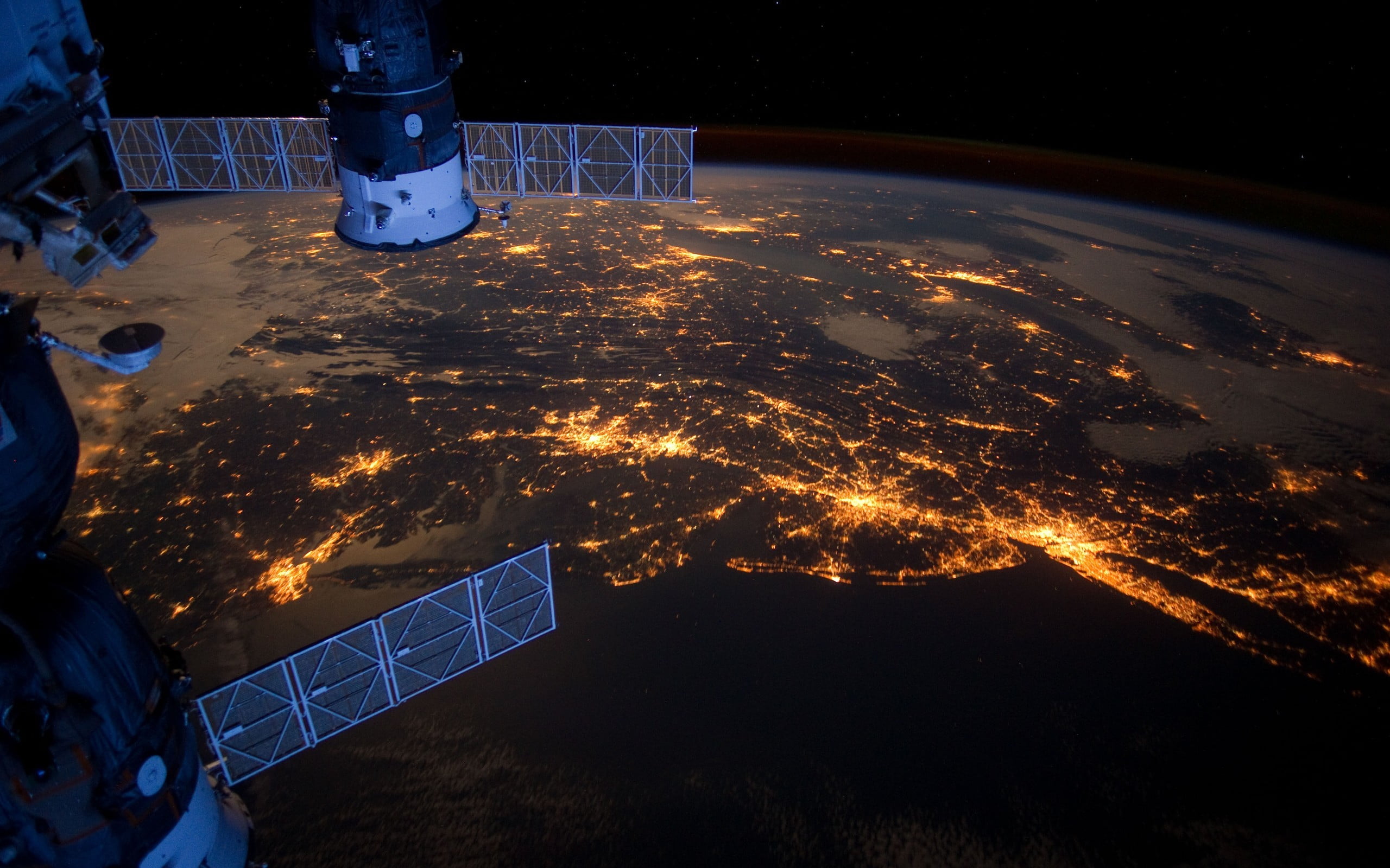 high angle view, space, night, nature, science, no people, water, 2K, illuminated, light - natural phenomenon, glowing, white, black, satellite, lighting equipment, HD Wallpaper