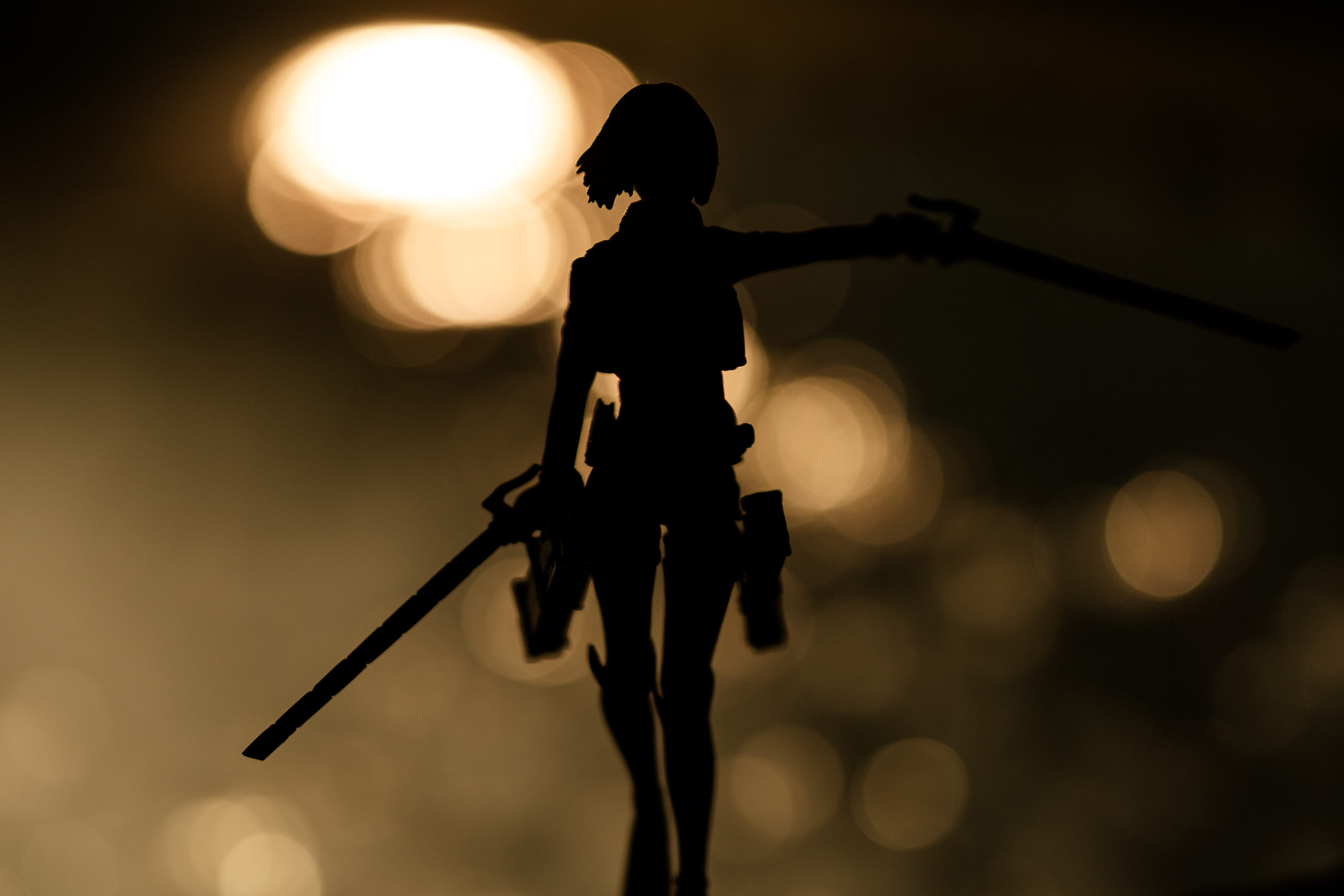 nature, electric lamp, ミカサ・アッカーマン, illuminated, sword, lamp, person, figurine, lighting equipment, film industry, titans, movie, 4K, adventure, input device, HD Wallpaper