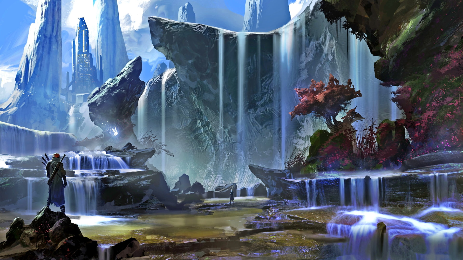 tranquil scene, power in nature, waterfall, 1080P, solid, rock - object, frozen, painting, tranquility, magic, flowing water, winter, ice, duel, rock, HD Wallpaper