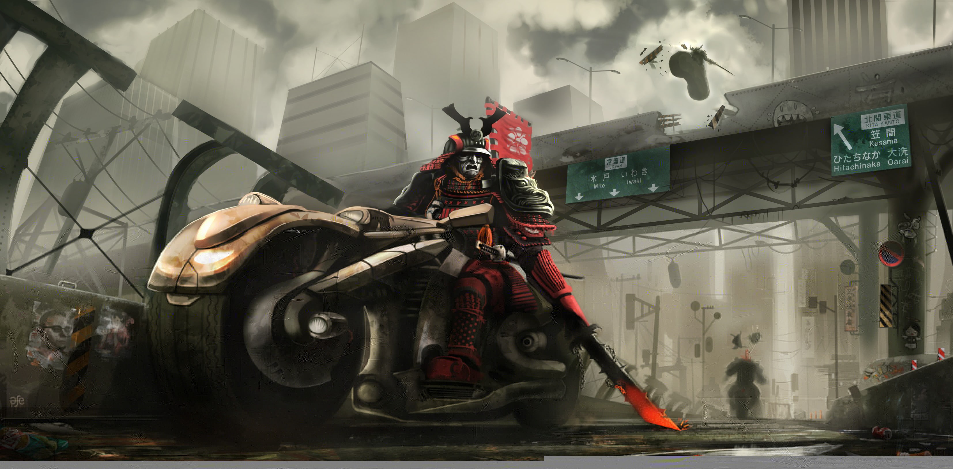 the city, bike, road, samurai, armor, motorcycle, sword, duel, bridge, 2K, HD Wallpaper