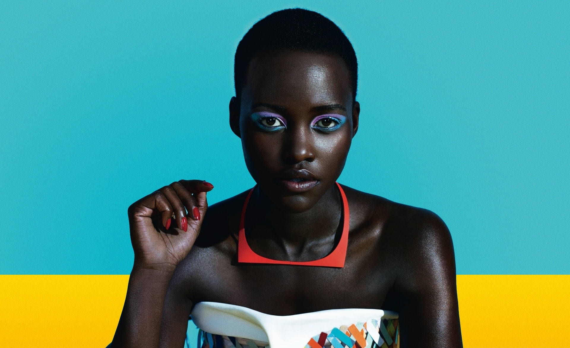 front view, lupita, standing, Others, studio shot, portrait, Fashion, hairstyle, blue, women, Movies, one person, shaved head, 1080P, young adult, colored background, HD Wallpaper