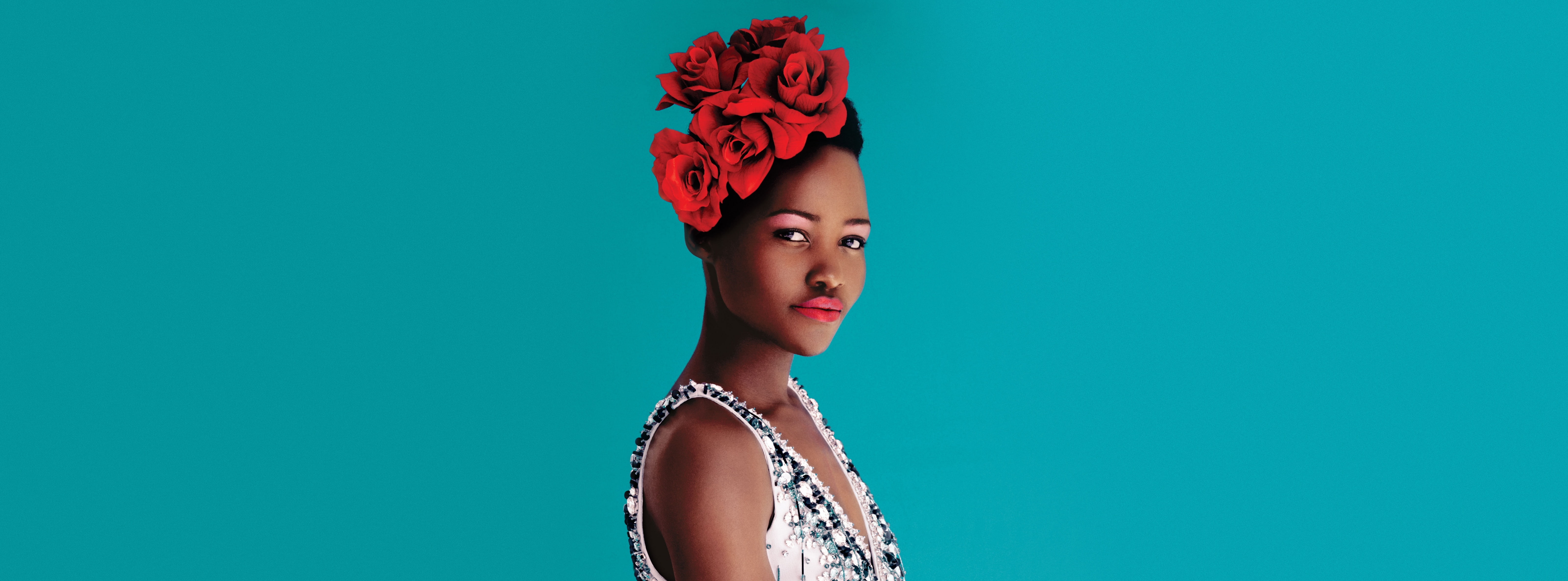 Dress, fashion, lupita nyongo, 2014, nyongo, portrait, beauty, wearing flowers, body part, flower, make-up, Others, indoors, looking at camera, flower arrangement, HD Wallpaper