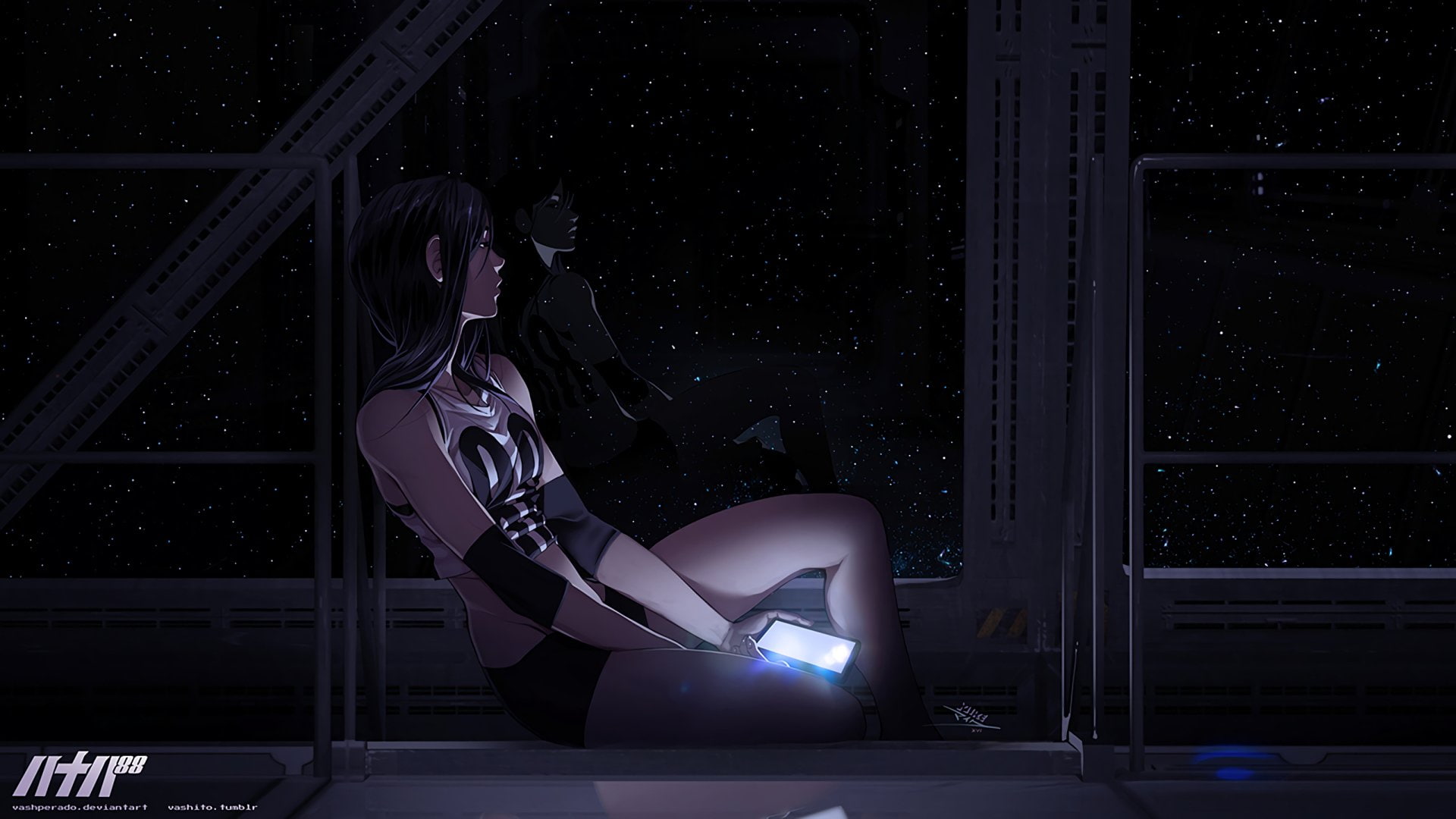 illuminated, lifestyles, adult, technology, young women, clothing, side view, Space, full length, 1080P, young adult, night, 88 (Original Character), arts culture and entertainment, HD Wallpaper