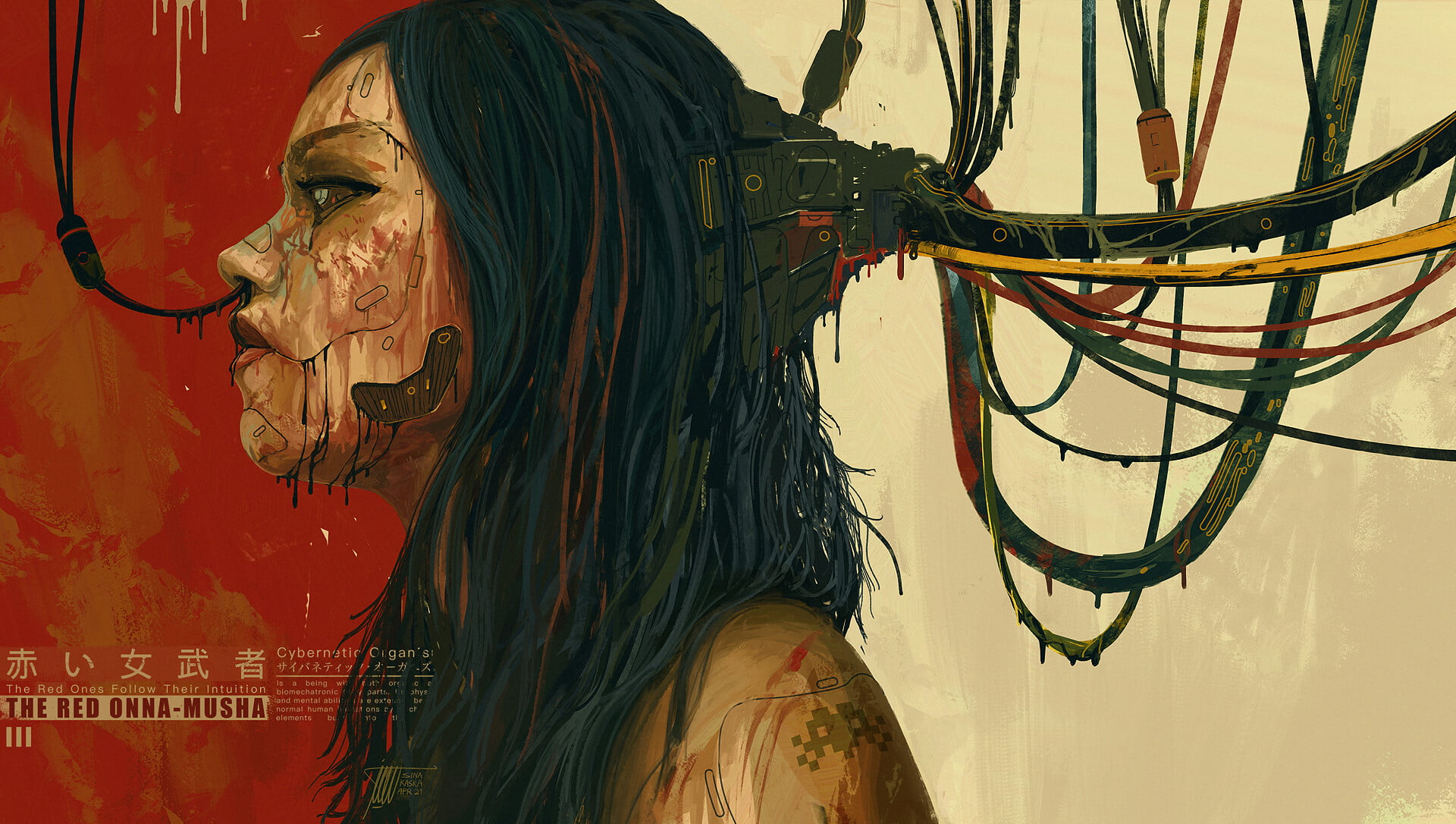 digital, cyberpunk, wires, technology, cyborg, painting, digital art, Space Invaders, illustration, 1080P, HD Wallpaper