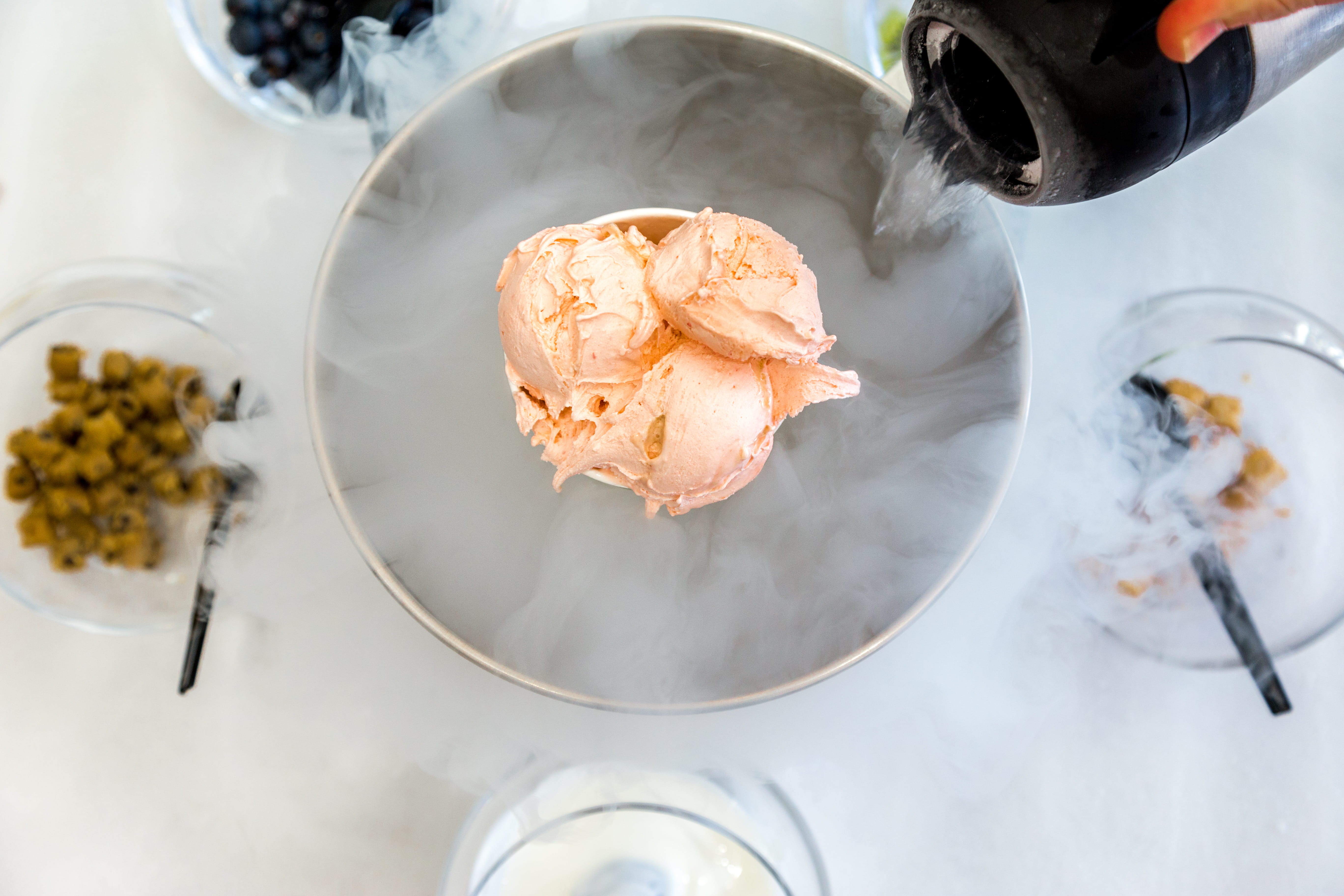 one person, liquid nitrogen, smoke, table, high angle view, bowl, hand, food and drink, yummy, human body part, cream, ice, directly above, tasty, sweet food, HD Wallpaper
