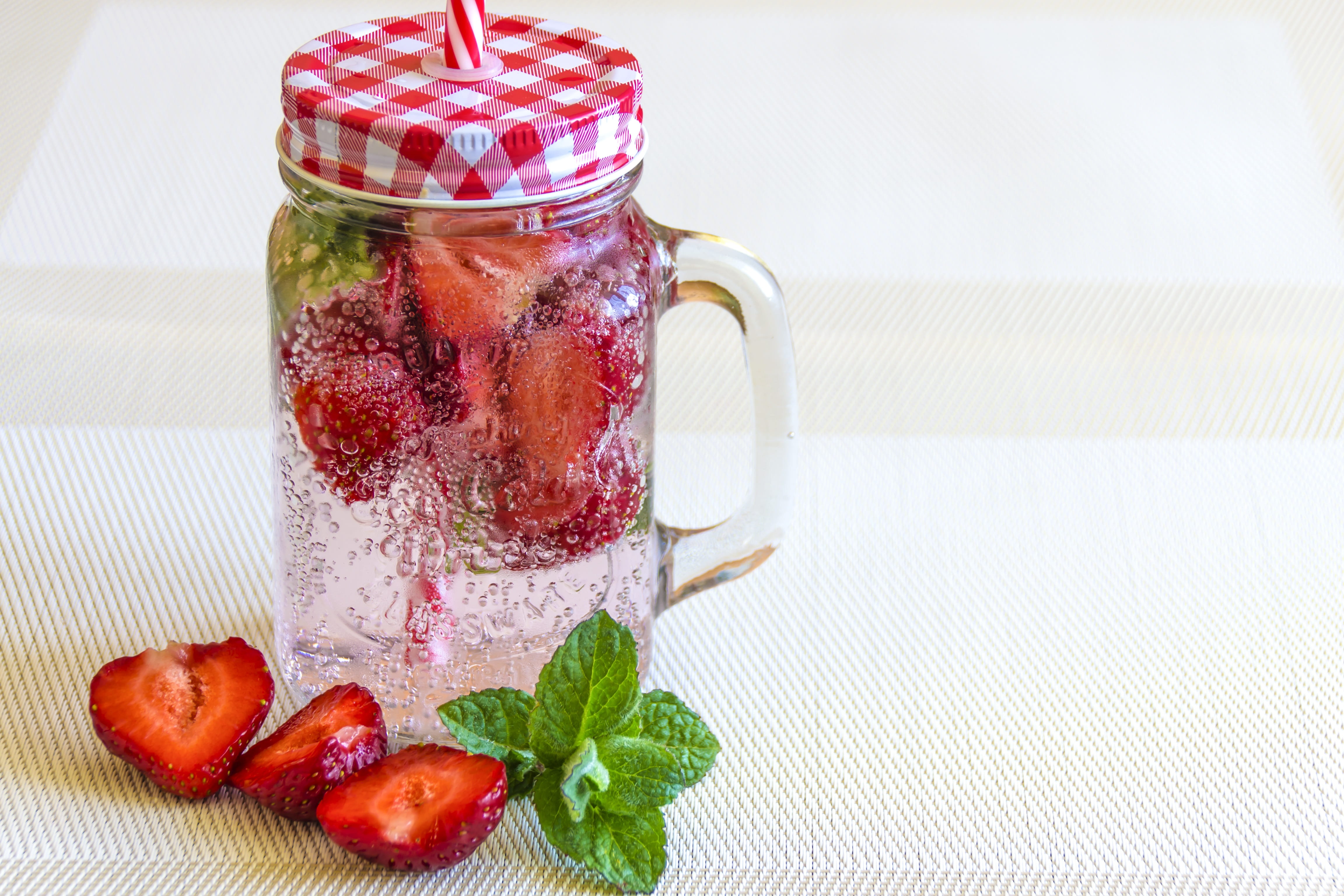 strawberry, water, antique, container, food, ripe, glass, jar, eating, 4K, wellbeing, clear, mint, leaf, top, fruit, sweet, breakfast, natural, fresh, HD Wallpaper