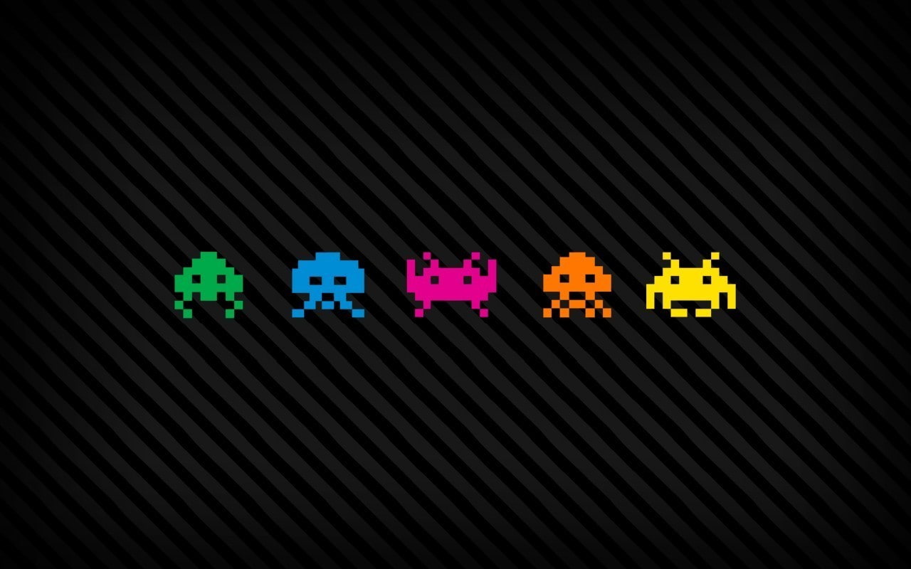 close-up, pixels pixel art digital art video games space invaders vintage aliens colorful lines black background, multi colored, indoors, opportunity, connection, HD Wallpaper
