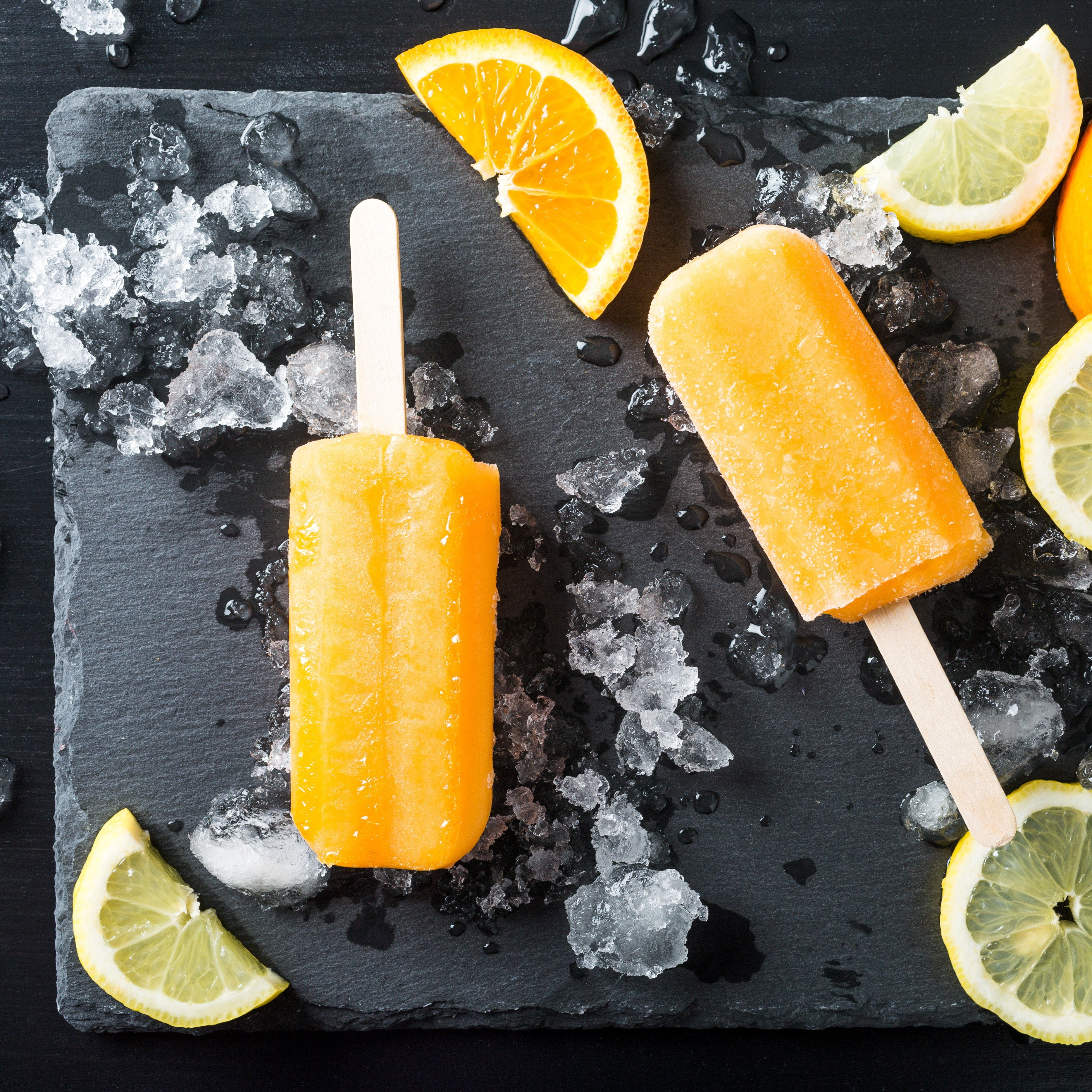 citrus fruit, sweet, ice lemons popsicle, frozen food, melting, frozen, fruit, freshness, healthy eating, high angle view, orange, dairy product, ice cream, Phone HD Wallpaper