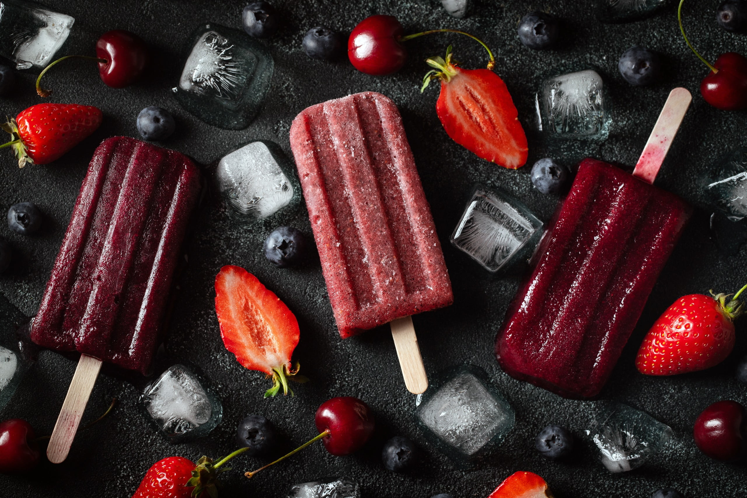 Food, Ice Cube, Strawberry, Ice Cream, Popsicle, Berry, Fruit, Cherry, 2K, HD Wallpaper
