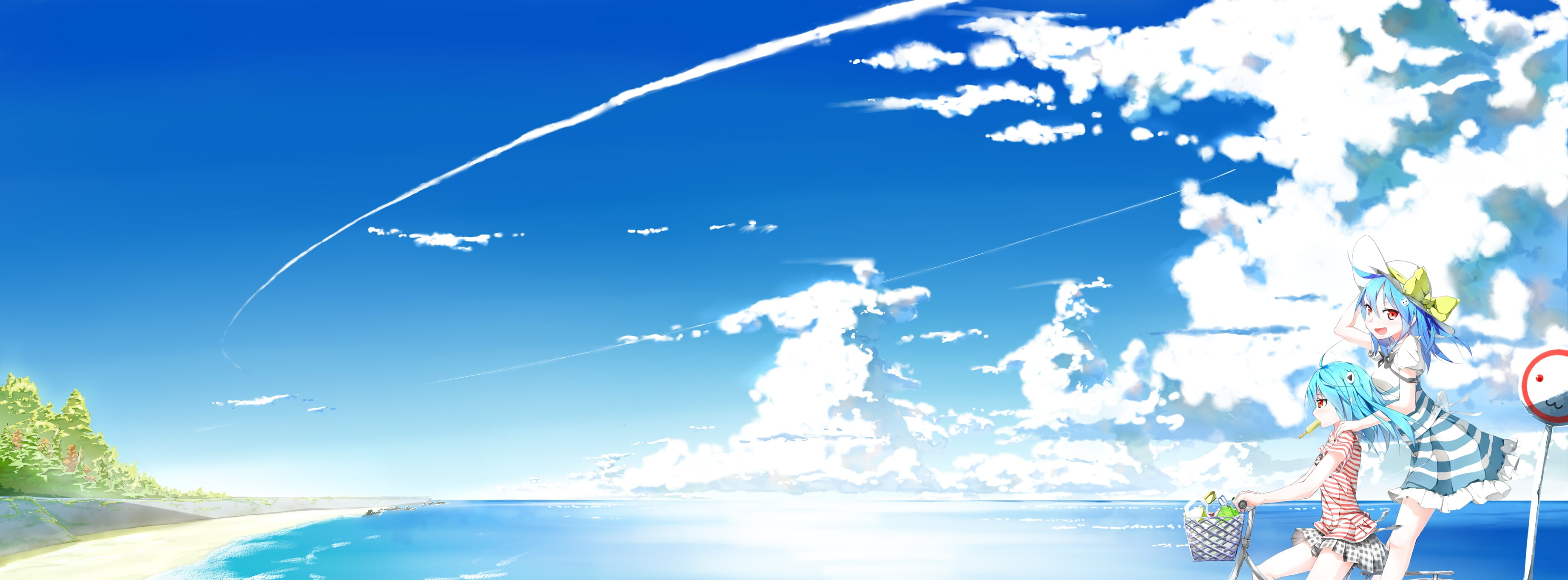 kyuubee, skirt, water, cuko, 2K, hat, crossover, bili, aqua, konachan, bicycle, girl, dress, clouds, bow, eyes, tree, hair, sky, com, dualscreen, blue, HD Wallpaper