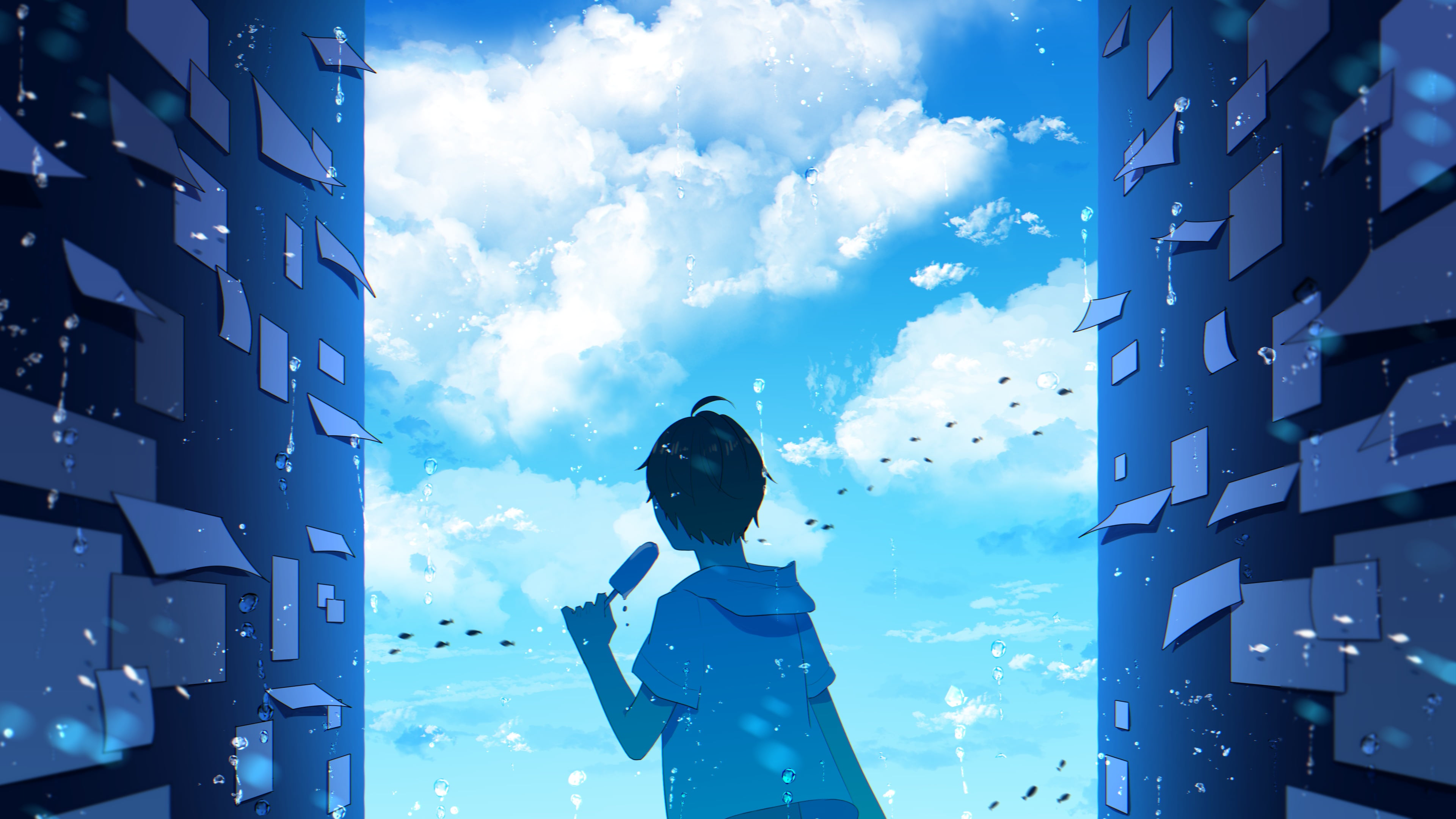 Sky, Fish, Popsicle, Underwater, Anime, 4K, Original, Boy, HD Wallpaper