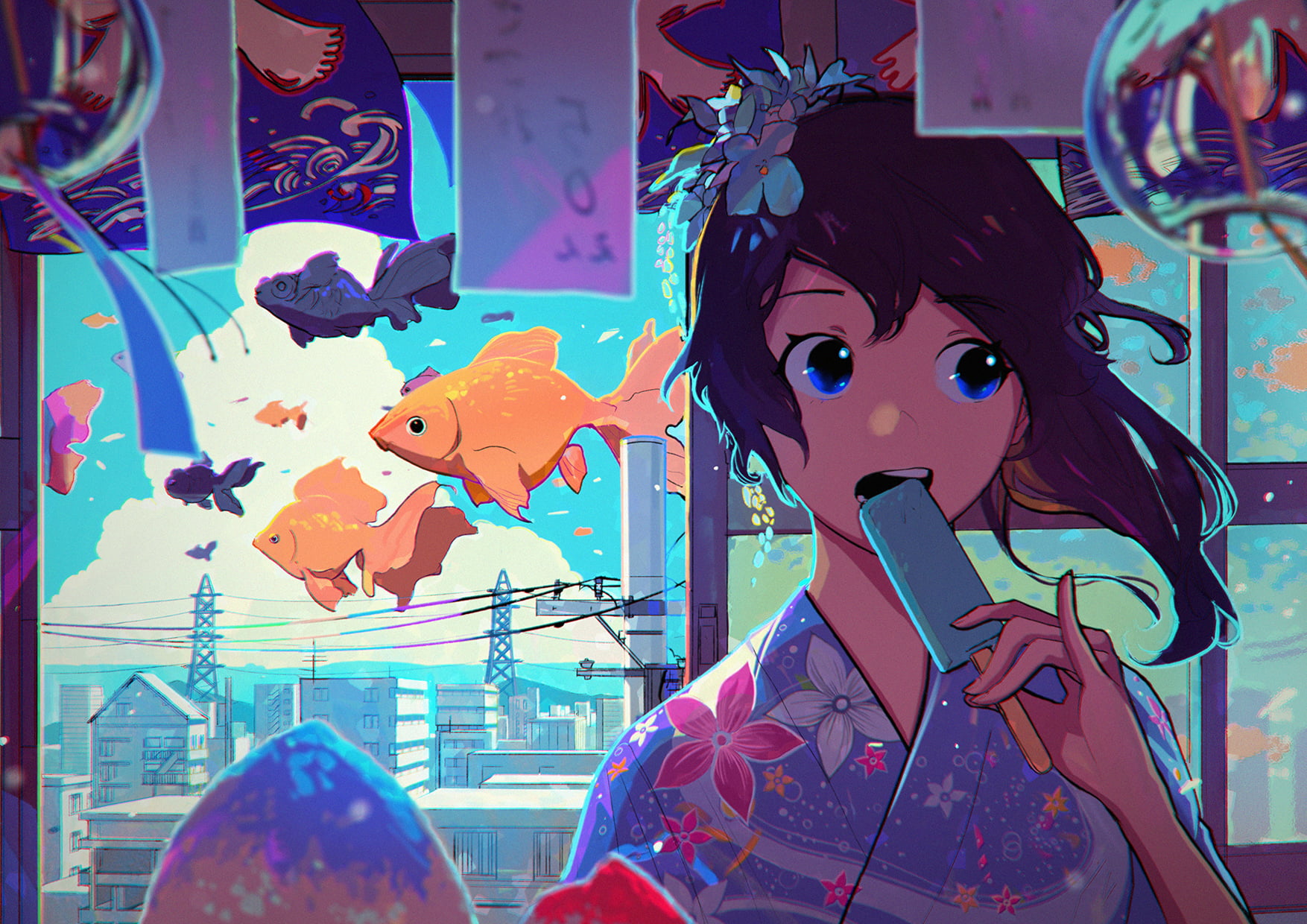 720P, popsicle, anime, fish, flower in hair, blue eyes, anime girls, HD Wallpaper