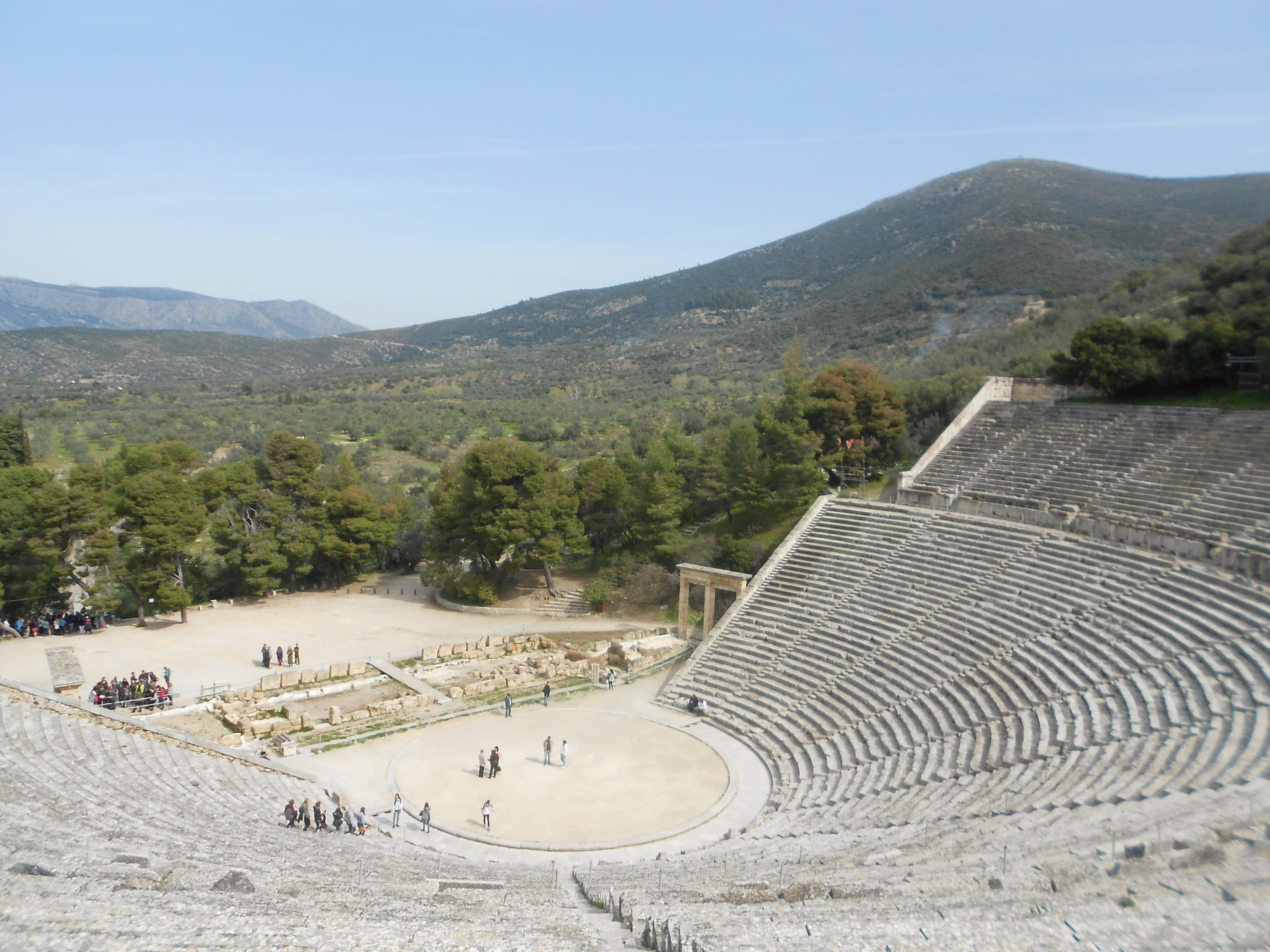 sanctuary of asklepios, ruined, no people, architecture, sunlight, theatre of epidaurus, nature, tradition, ancient, 2K, mountain, the past, ancient civilization, HD Wallpaper