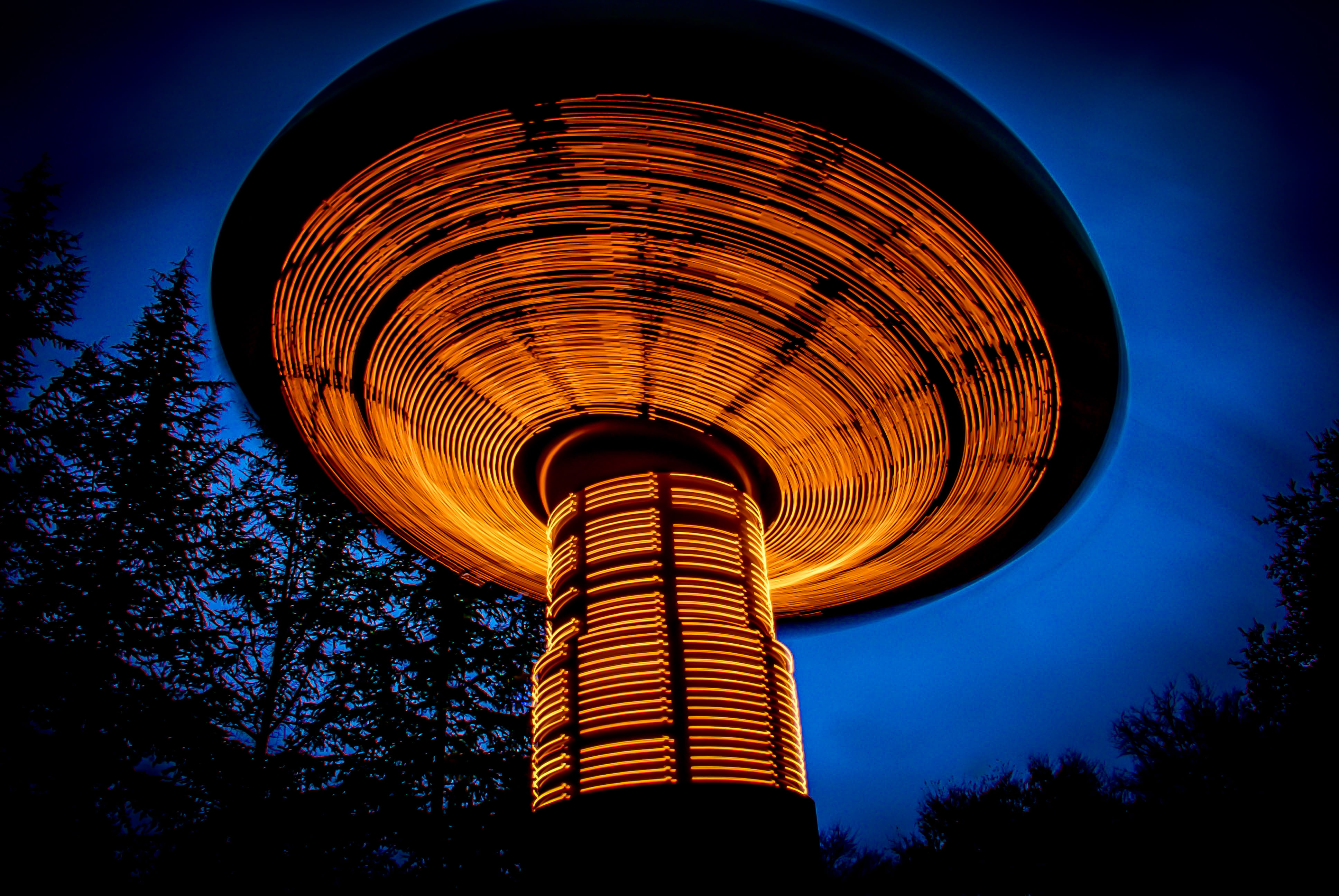 arts culture and entertainment, dusk, nature, outdoors, machine, circle, shape, lighting, twilight, gilroy gardens, building, sky, no people, amusement park, HD Wallpaper