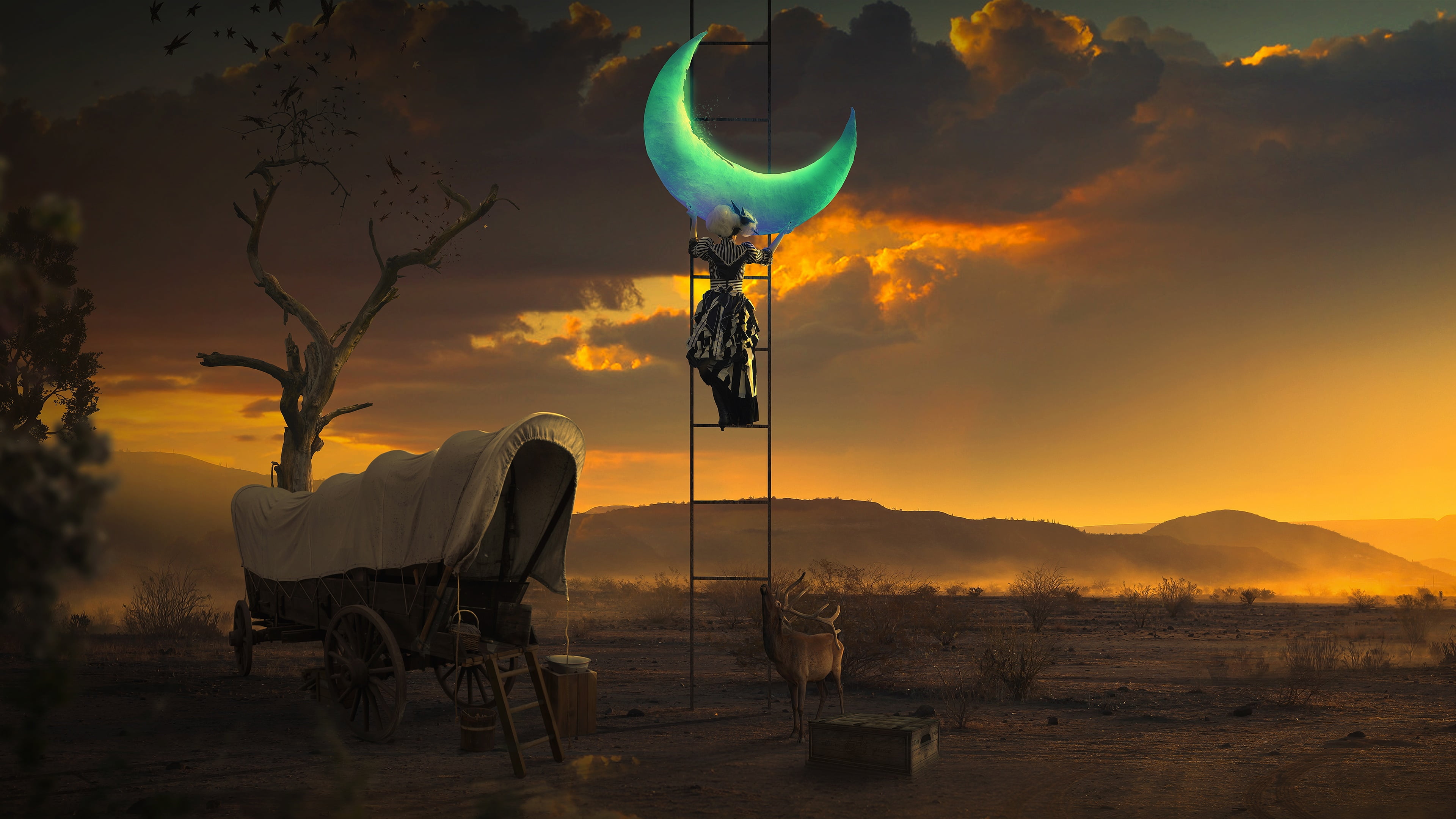 mountain, beauty in nature, fantasy art, stag, digital composite, beldame, moon, moonlight, 4K, seat, sky, ladder, chariot, nature, tranquility, dreamland, HD Wallpaper