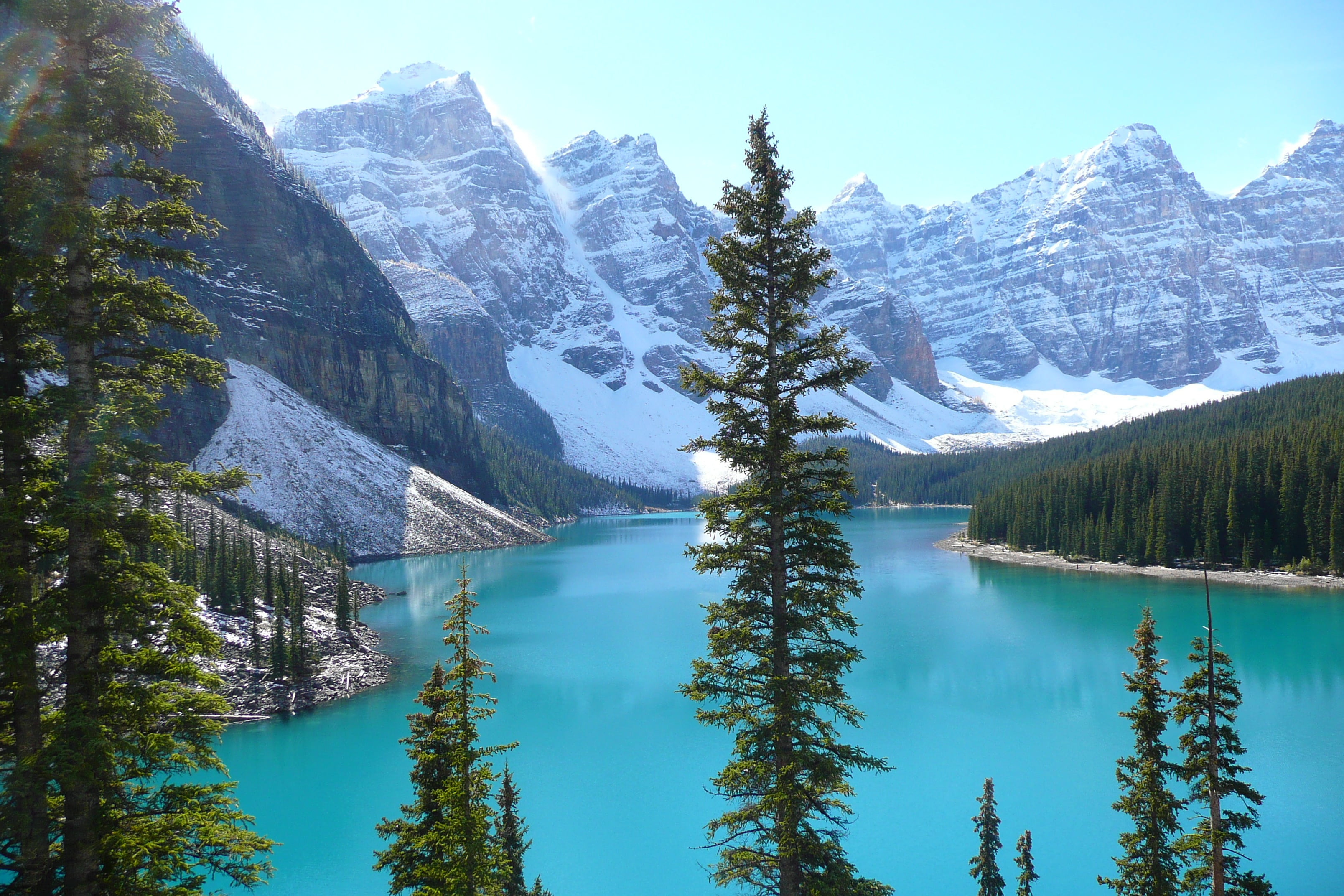 no people, hex lake, reflection, turquoise colored, water, sky, pine tree, 2K, non-urban scene, lake, tree, mountain range, idyllic, remote, day, plant, HD Wallpaper