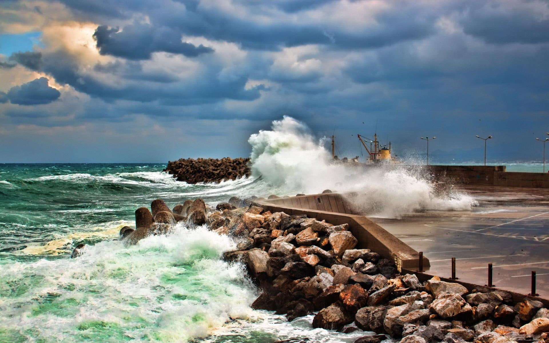 sea, breaker, nature and landscapes, hdr, 1080P, waves, smashing, brown, rocks, daytime, stones, water, clouds, near, HD Wallpaper