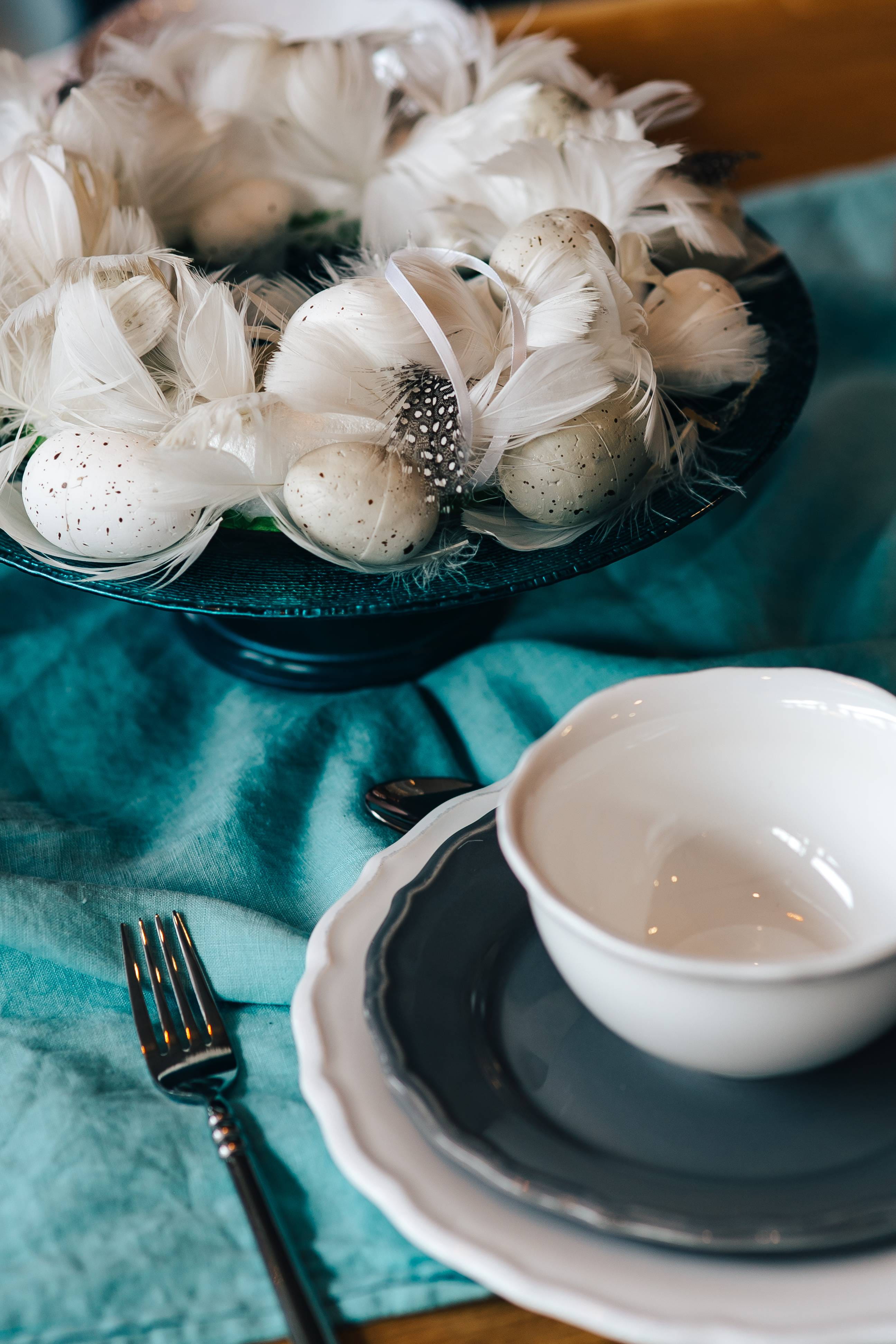 bowl, quail eggs, high angle view, Fancy, dinner, kitchen utensil, spoon, fork, decorated, posh, eggs, 4K, close-up, freshness, feathers, crockery, no people, Phone HD Wallpaper