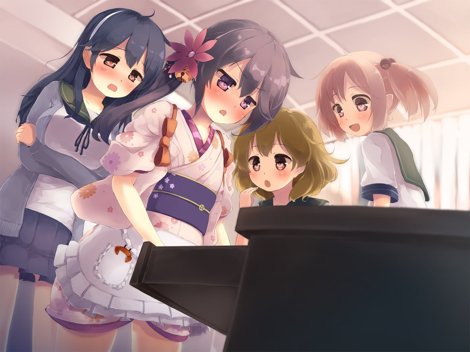 Ushio (KanColle), lifestyles, human representation, mask, girls, white color, celebration, Sazanami (KanColle), Oboro (KanColle), costume, indoors, childhood, HD Wallpaper