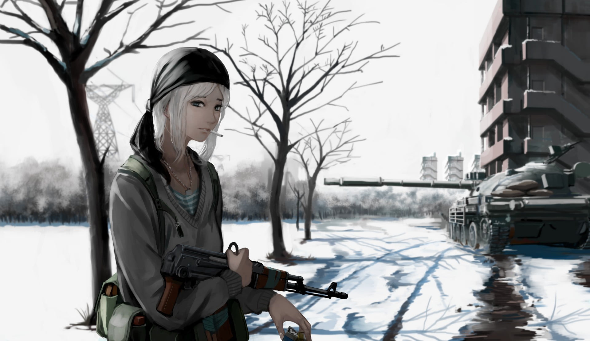 1080P, holding, mode of transportation, real people, tree, assault rifle, rifle, AK 47, cold temperature, winter, weapon, day, war, girl, blonde, snow, HD Wallpaper