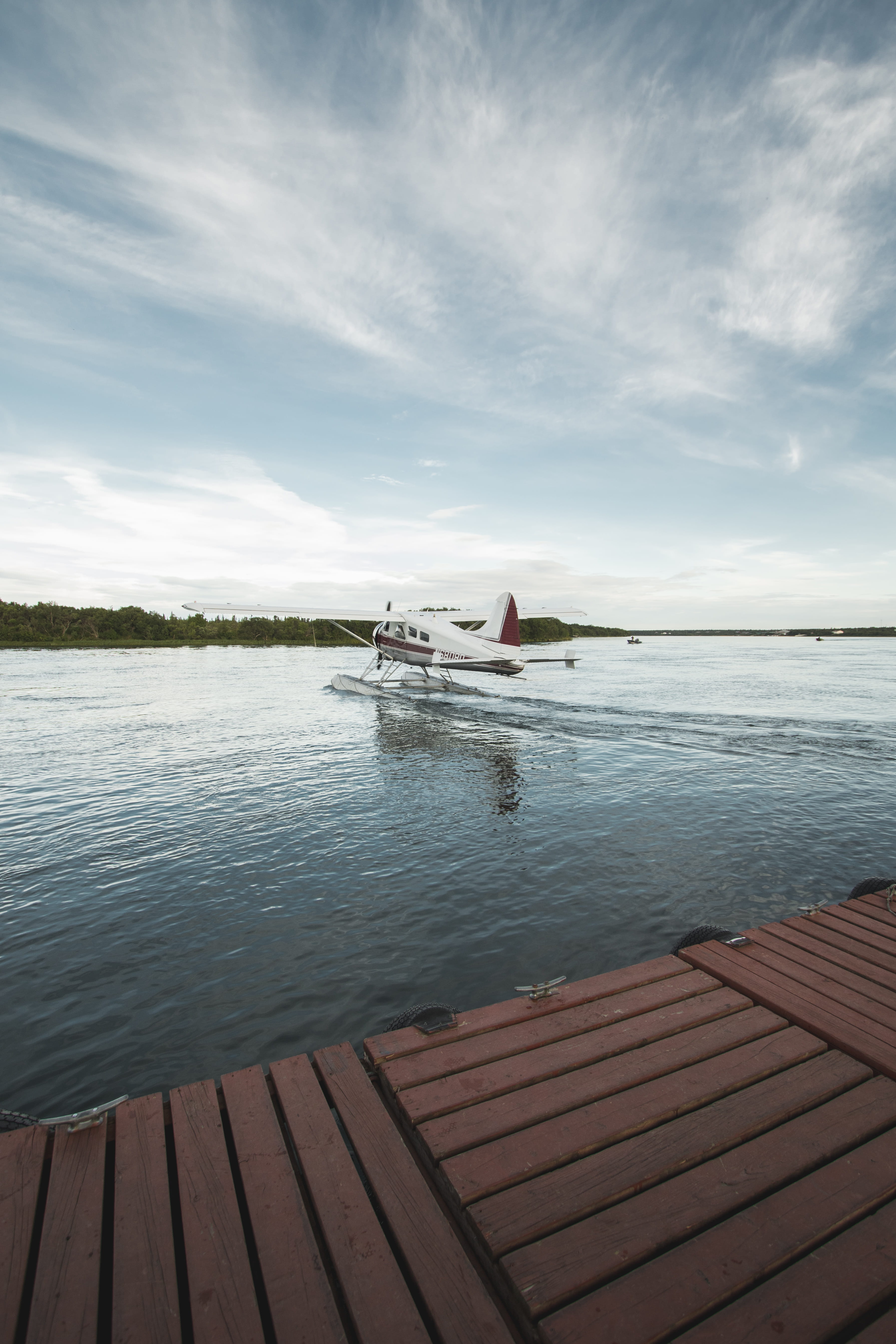 taking, watercraft, beauty in nature, alaska, fishing, red, outdoors, lake, 5K, pier, cloud - sky, dinghy, airplane, nautical vessel, white, nature, water, Phone HD Wallpaper