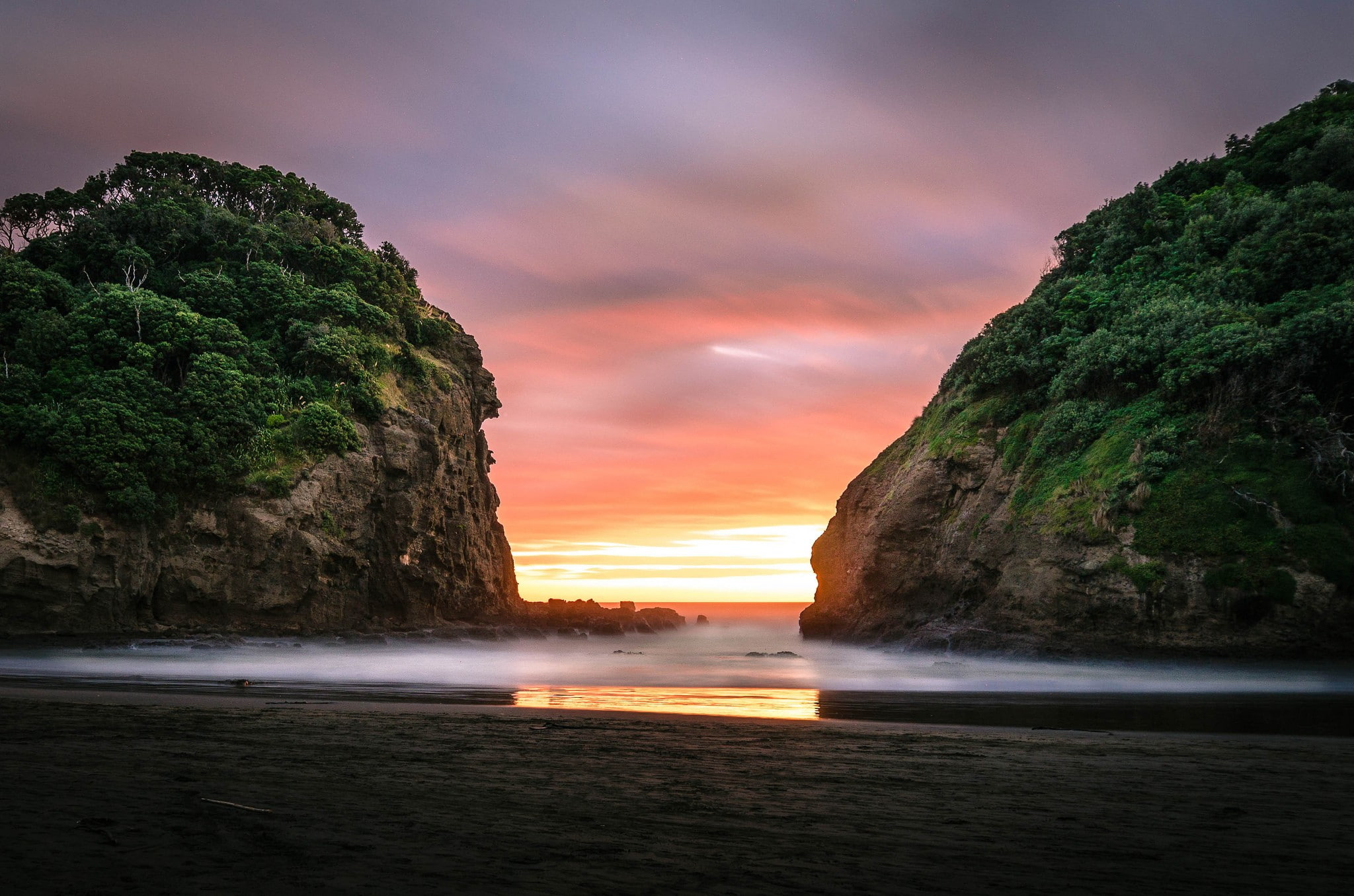 New Zealand, landscape, sea, nature, sunset, clouds, sand, rock, 1080P, long exposure, trees, beach, HD Wallpaper