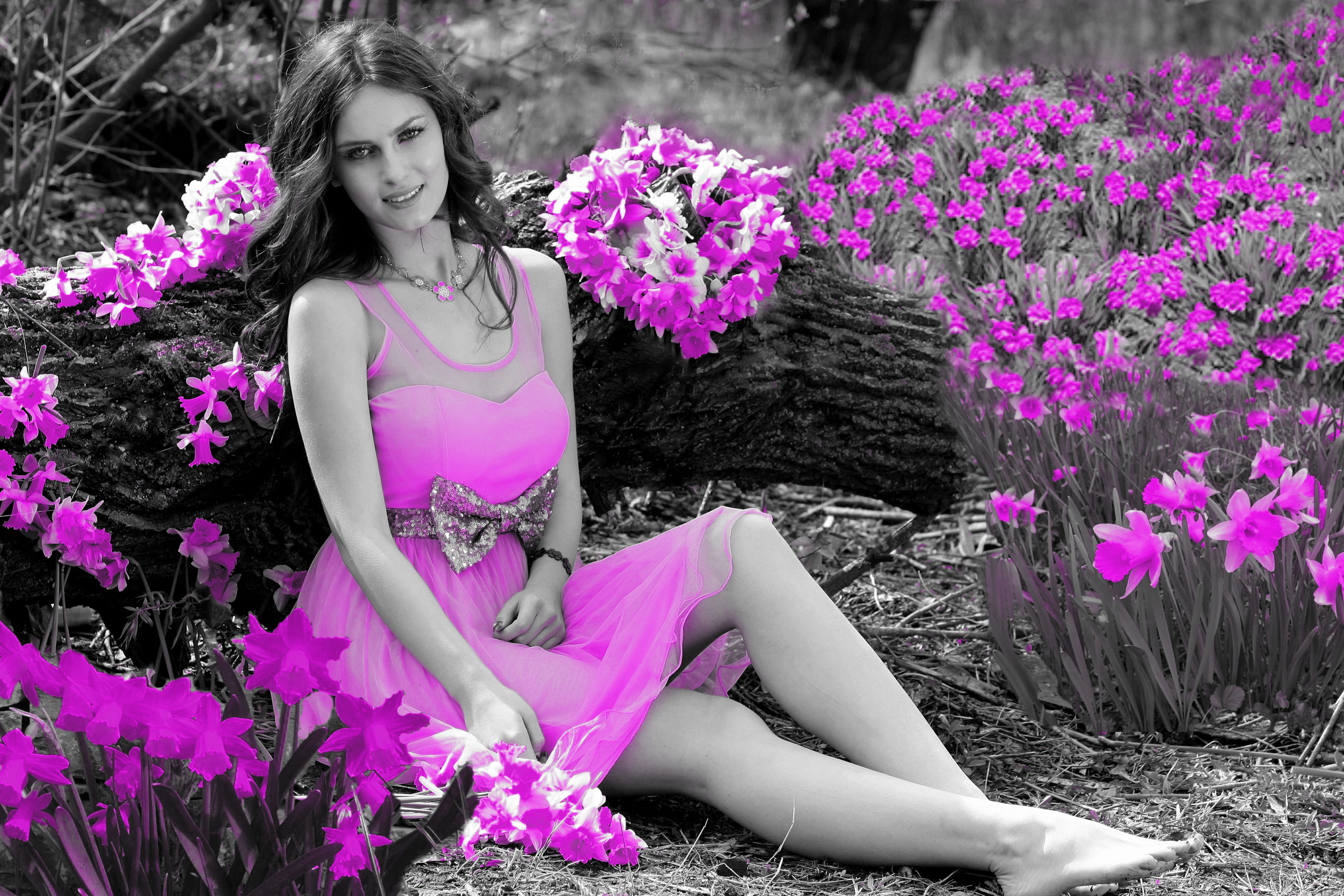 laying, nature, lady, flowers, dress, neck, colored, 4K, plant, teenager, one person, selective, sitting, flower, pink color, mini dress, beautiful, mini, HD Wallpaper