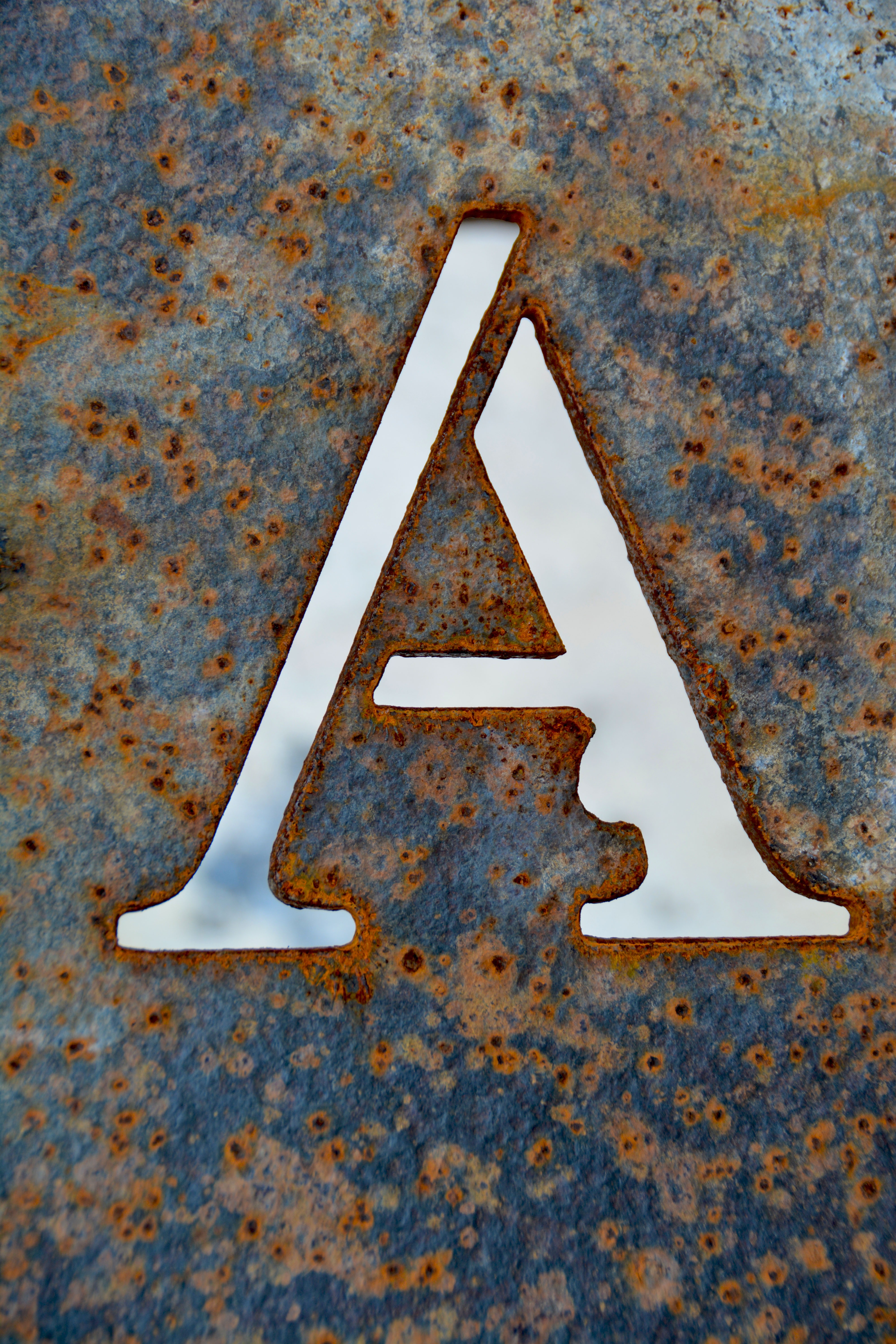 blue, letter, metal, plate, weathered, typescript, white color, icon, letter a, abandoned, print, outdoors, day, wall - building feature, font, text, handmade, Phone HD Wallpaper