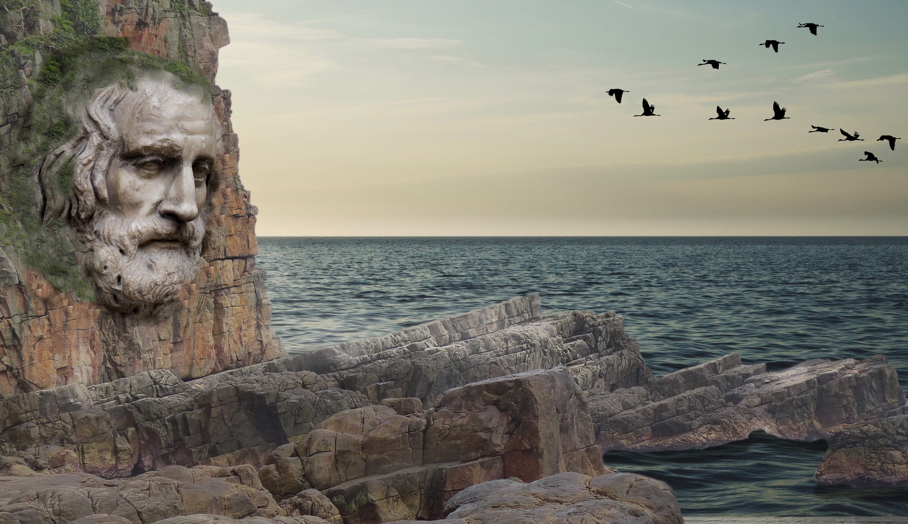 flock of birds, panorama, animal wildlife, rock, rock - object, rock wall, vertebrate, travel, photo montage, no people, mountains, landmark, waters, embossed, HD Wallpaper