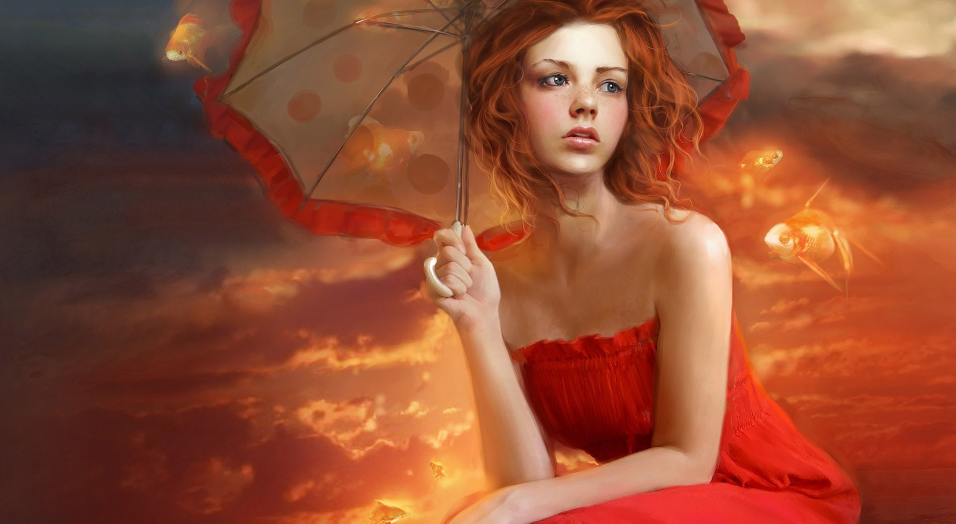 looking at camera, Woman, Painting, dress, cloud - sky, clothing, portrait, maxi, beautiful people, s, wind, nature, hair, Beautiful, Artwork, red, glamour, HD Wallpaper