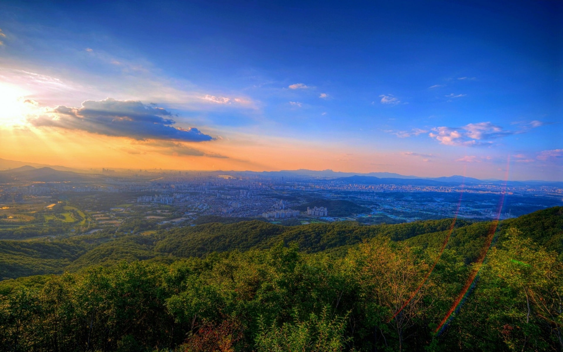 outdoors, summer, sky, beauty in nature, plant, non-urban scene, sunset, 1080P, vista, tree, hd, trees, mountain, cloud - sky, green color, HD Wallpaper