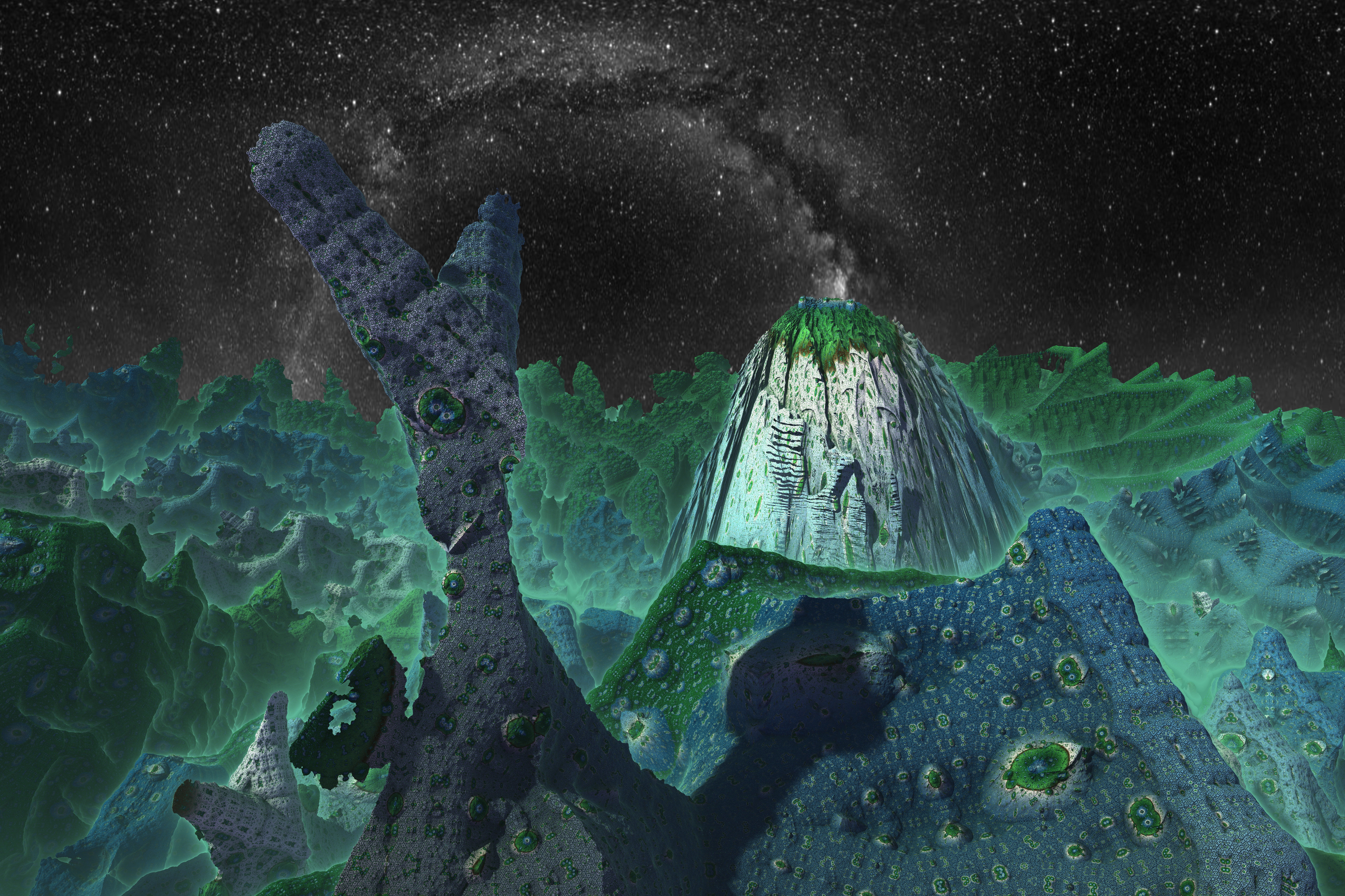 Mountain, 3D, Landscape, Fractal, Space, 8K, Abstract, Green, Night, Mandelbulb 3D, CGI, Digital Art, Artistic, HD Wallpaper