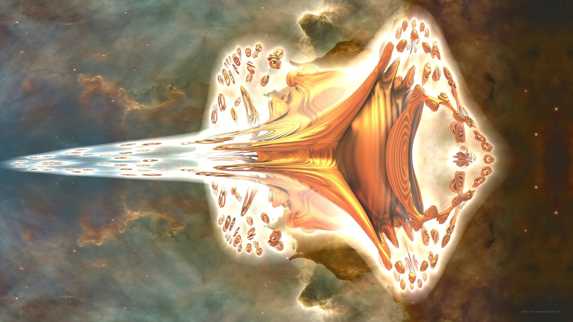 Fractal, Digital Art, Mandelbulb 3D, Gold, 3D, CGI, Yellow, Artistic, Abstract, 1080P, Glow, HD Wallpaper