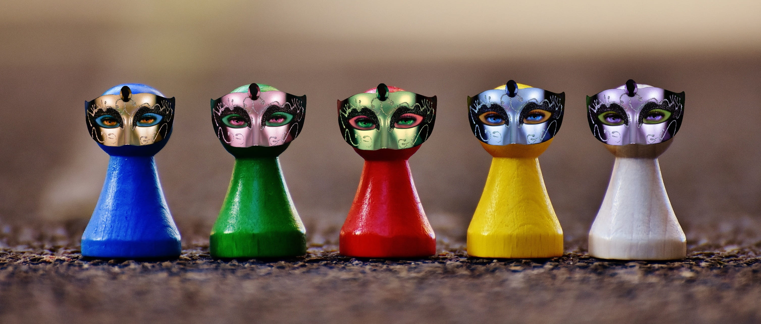 color, choice, blue, five, masks, toys, variation, in a row, side by side, close-up, game characters, no people, indoors, multi colored, green, table, homemade, HD Wallpaper