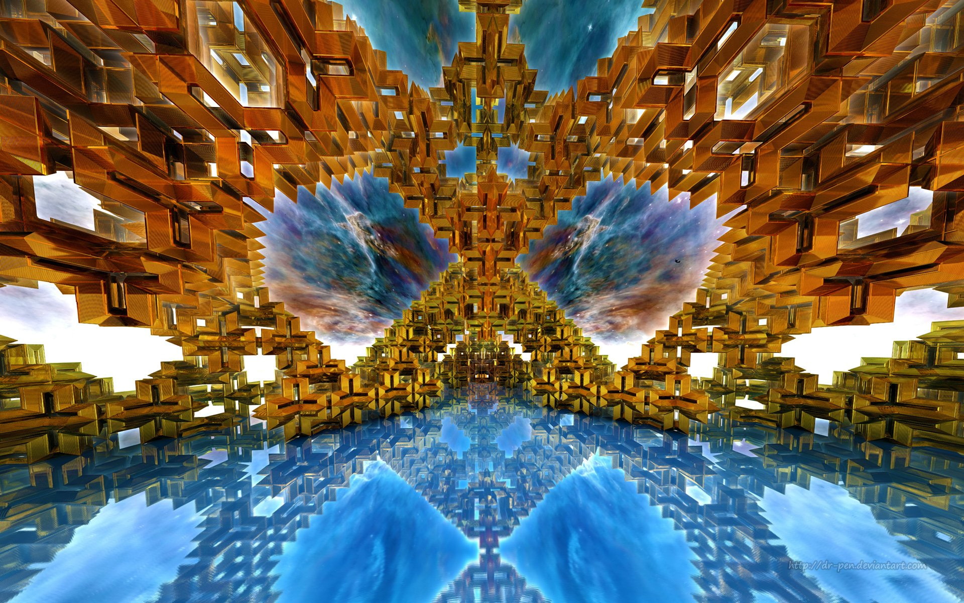1080P, Digital Art, Geometry, CGI, Orange, Artistic, Yellow, Nebula, Mandelbulb 3D, Blue, 3D, Fractal, Reflection, Abstract, HD Wallpaper