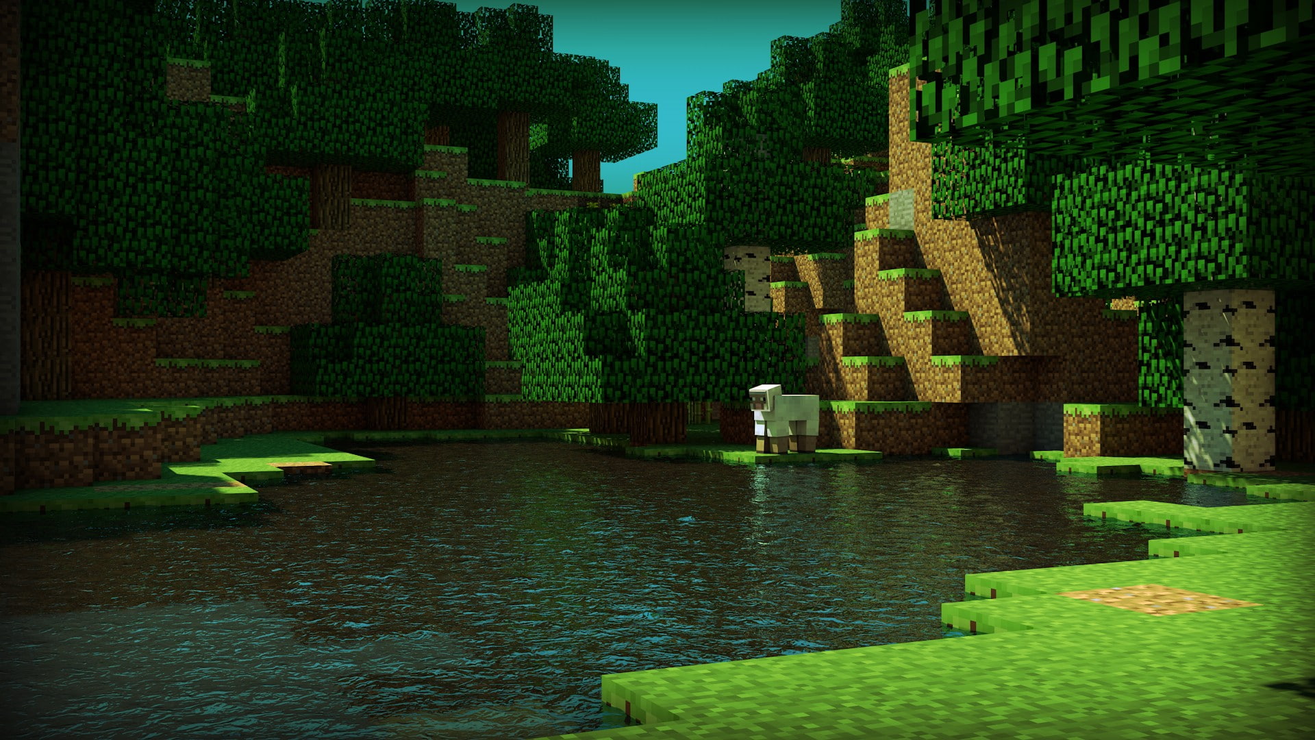 skyscapes, 1080P, terrain, cinema, tapeta, water, minecraft, sheep, renders, trees, HD Wallpaper