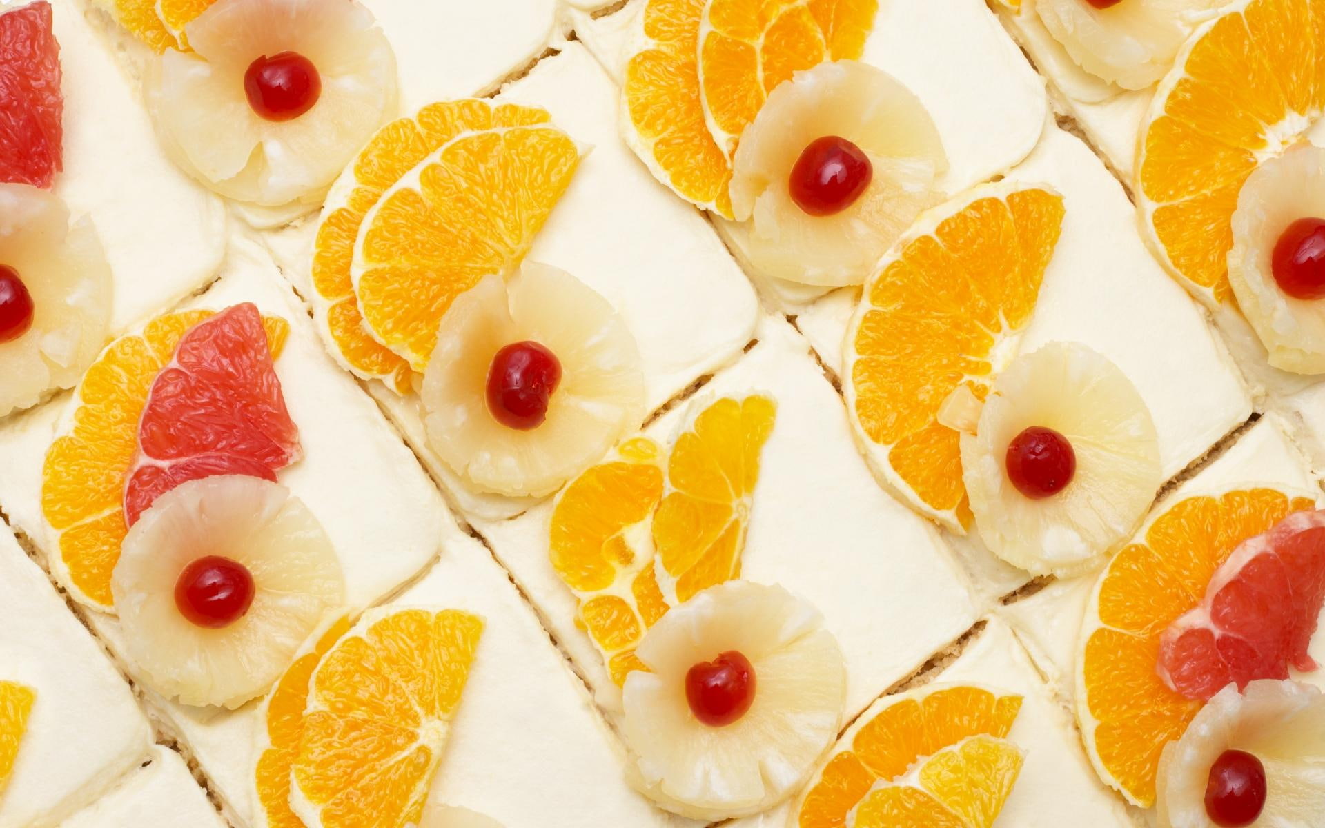sweet, 3d and abstract, slices, fruit, orange, apple, cherry, pine, 1080P, HD Wallpaper