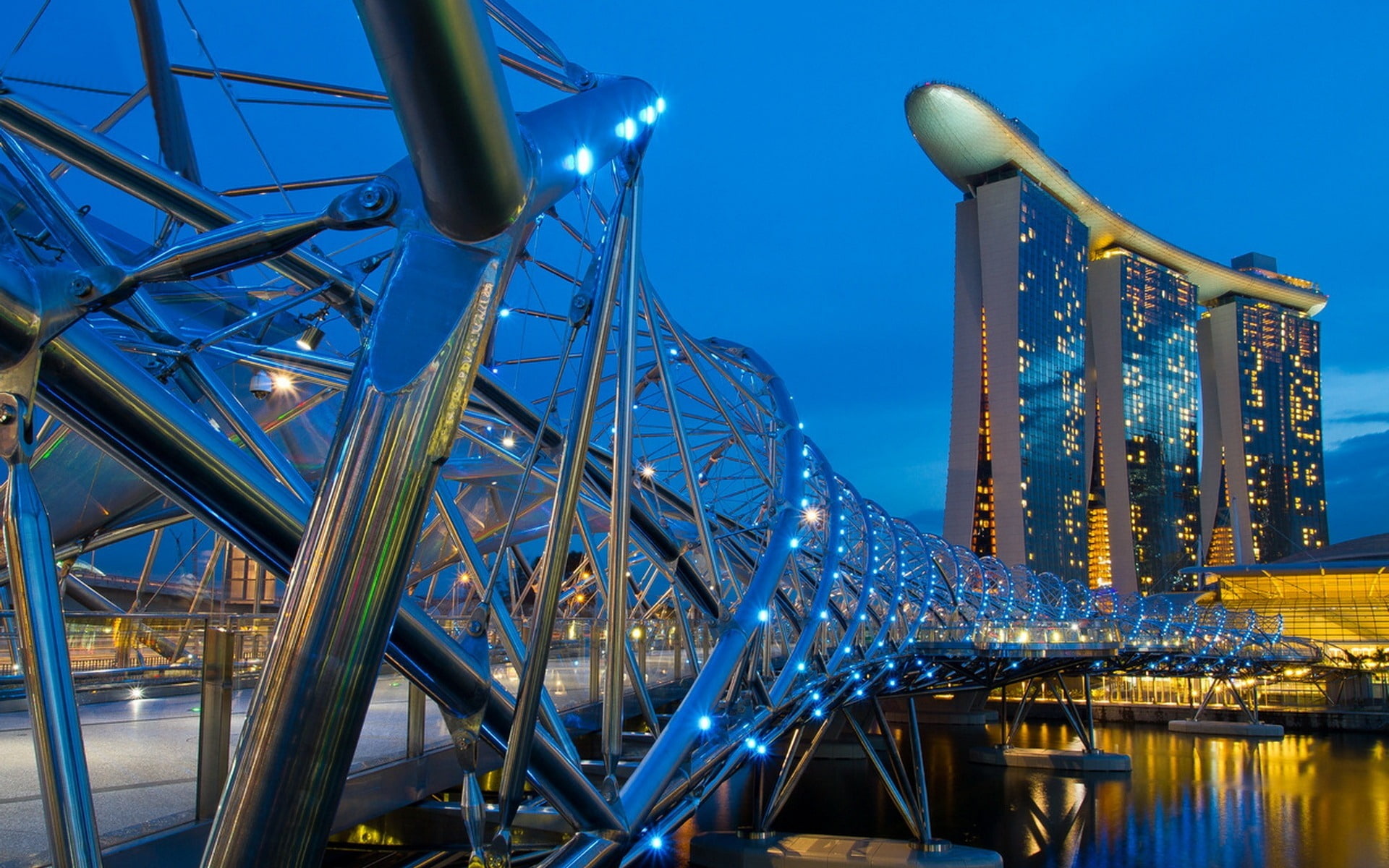 architecture, illuminated, travel destinations, water, blue, cities, singapore, built structure, bridge, 1080P, helix, steel, transportation, HD Wallpaper
