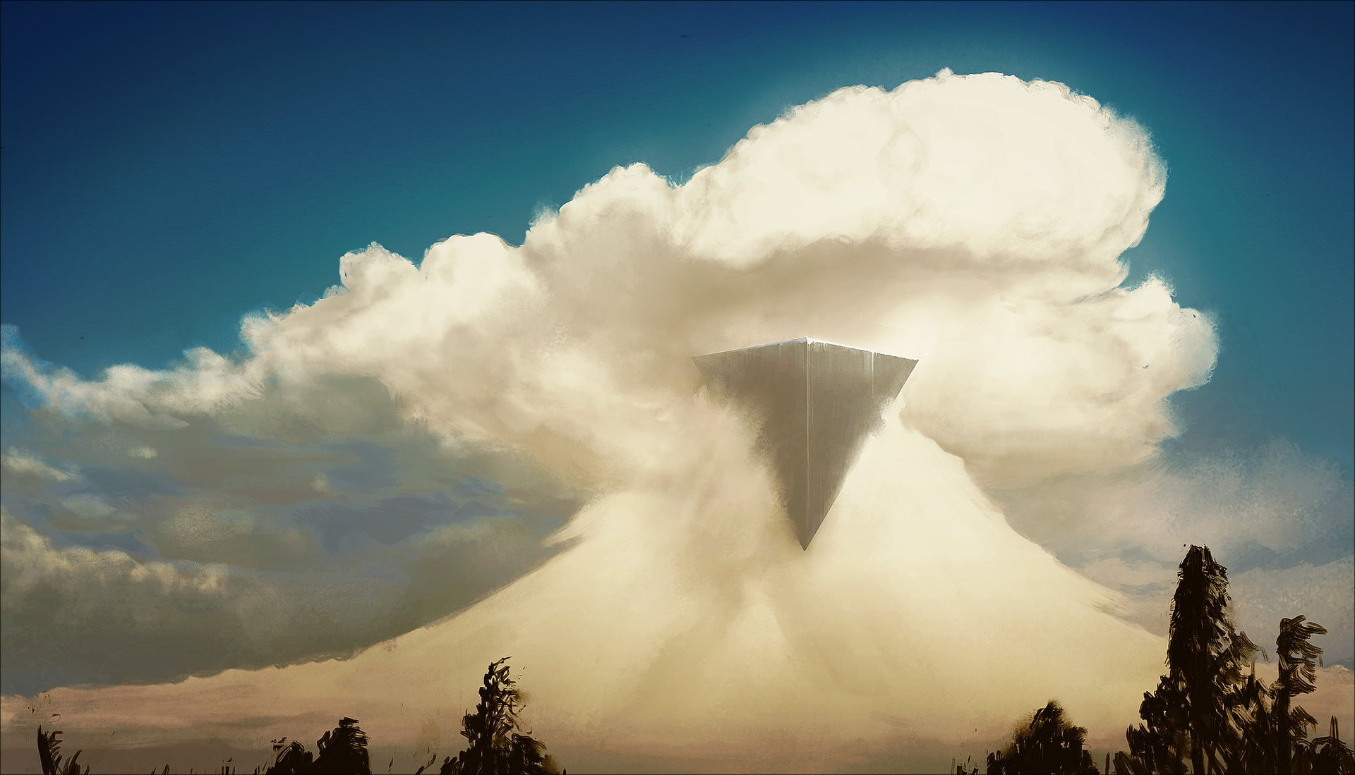 trees, 3d object, artwork, nature, clouds, smoke, pyramid, 1080P, painting, digital art, HD Wallpaper
