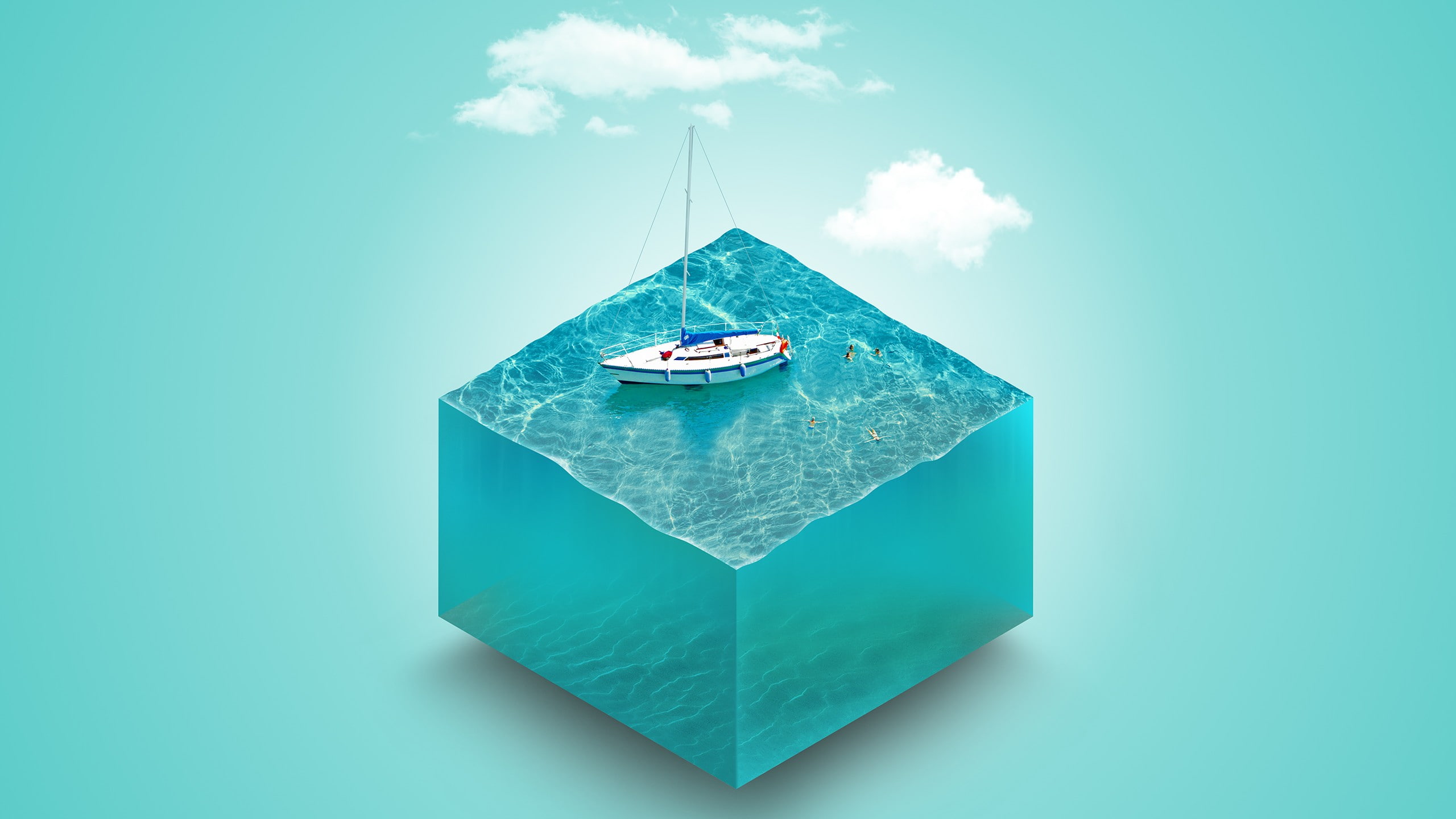 boat, digital art, 3d Object, Yachts, water, Simple Background, 2K, cube, HD Wallpaper