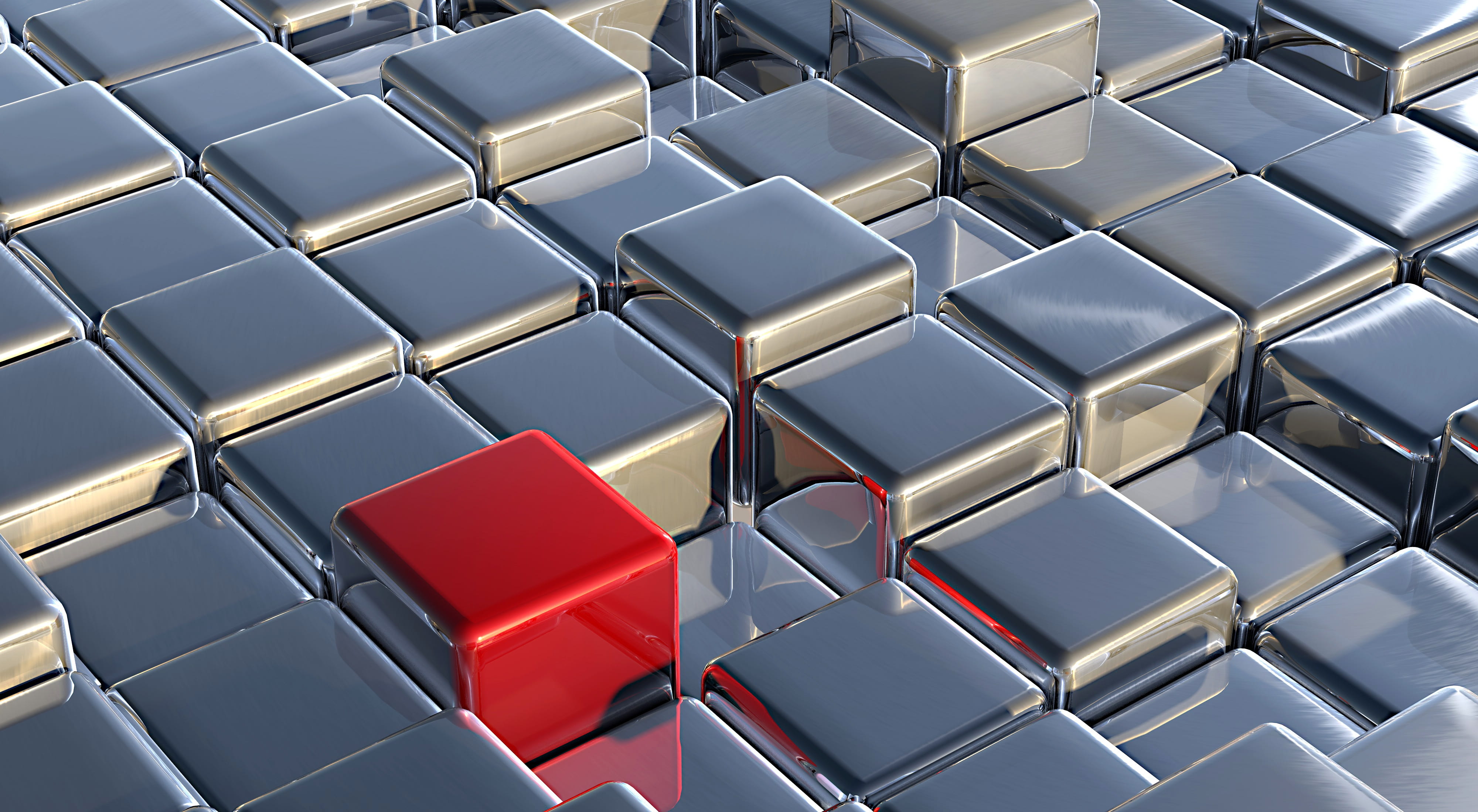 abstract, shiny, metallic, red, cubes, glow, geometry, luxury, extreme close-up, background, gray, close-up, science, blue, metal, silver colored, cube, HD Wallpaper