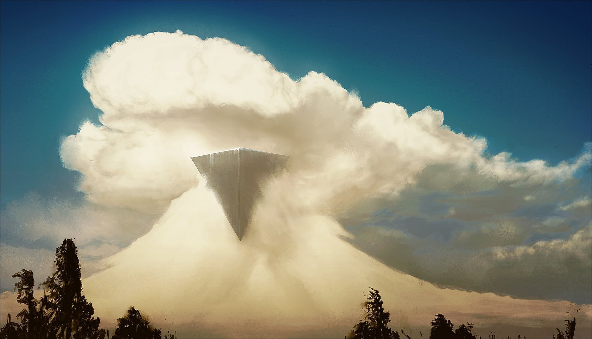 1080P, painting, pyramid, smoke, Trees, artwork, 3d Object, clouds, nature, digital art, HD Wallpaper