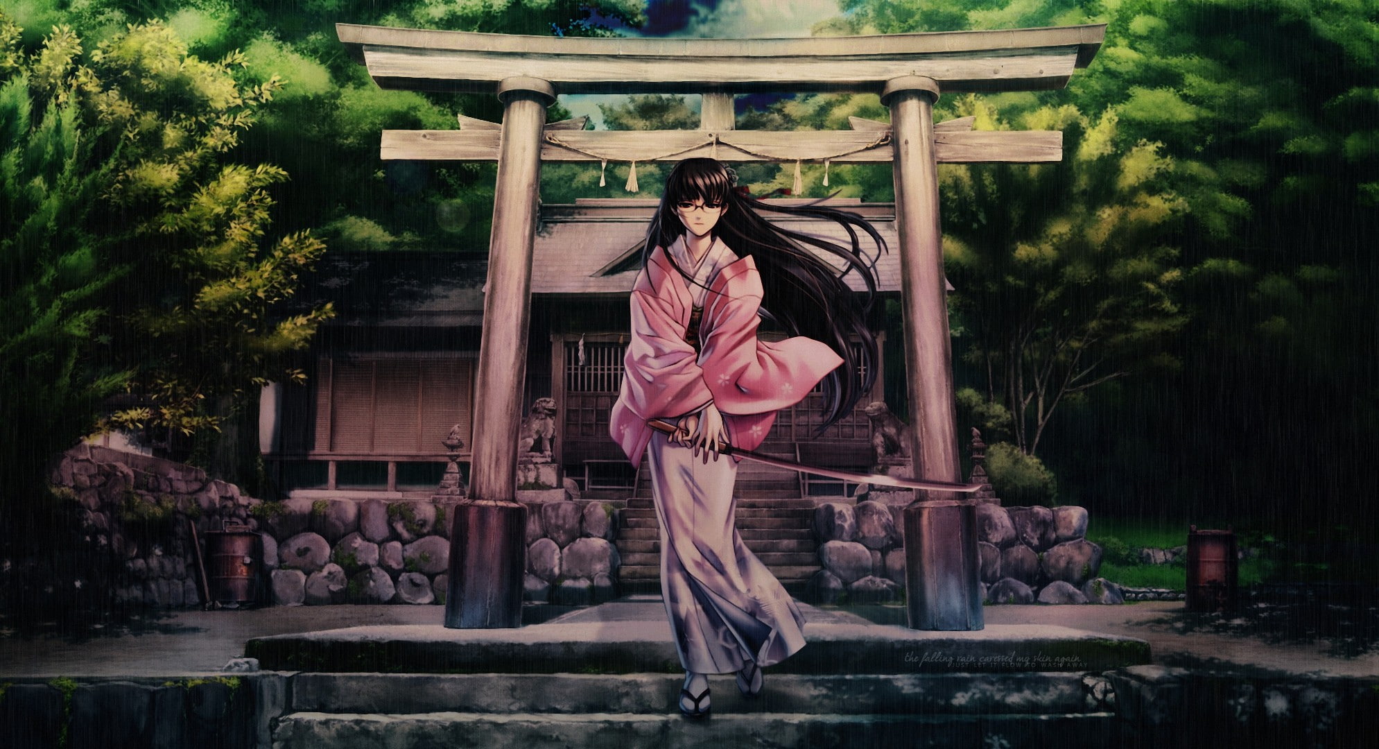 steps, katana, girl, black, lagoo, rain, 1080P, black lagoon, sword, roberta, HD Wallpaper