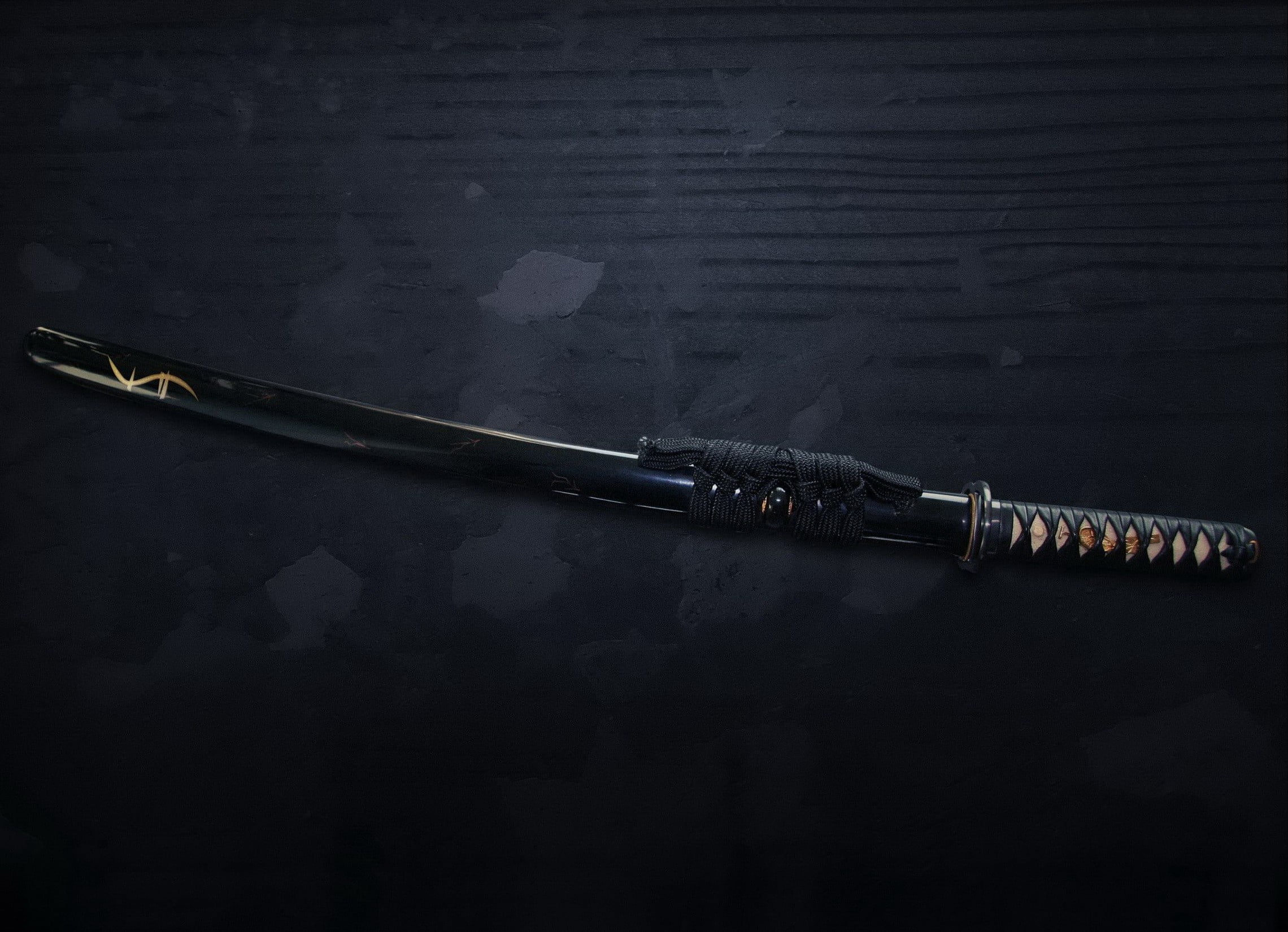 katana, steel, backgrounds, metal, equipment, sharp, nautical vessel, close-up, black Color, clothing, black, 1080P, table, sword, studio shot, still life, HD Wallpaper
