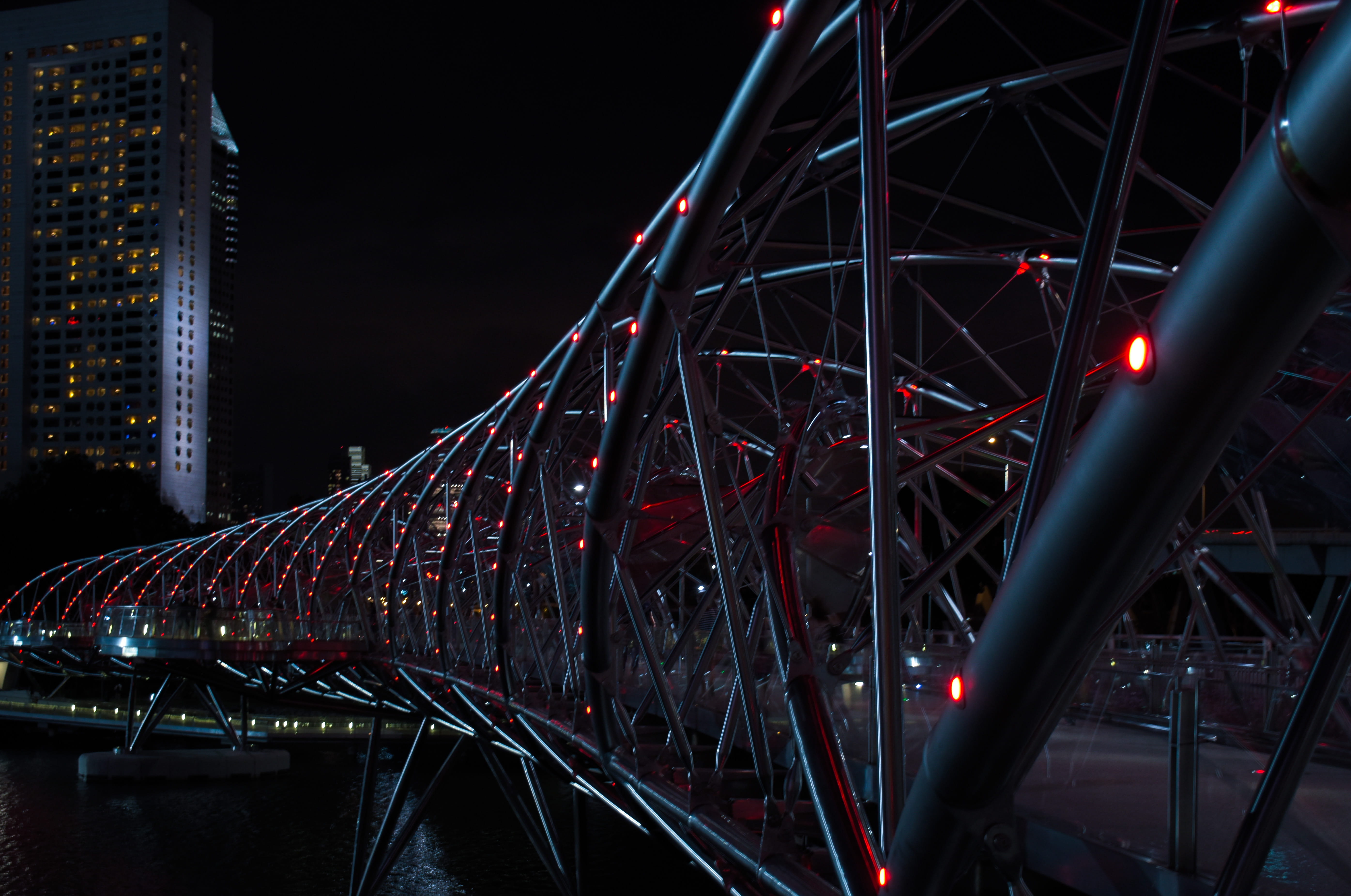 river, famous Place, helix, urban Scene, outdoors, illuminated, street, nighttime, no people, travel destinations, 5K, transportation, building, architecture, HD Wallpaper