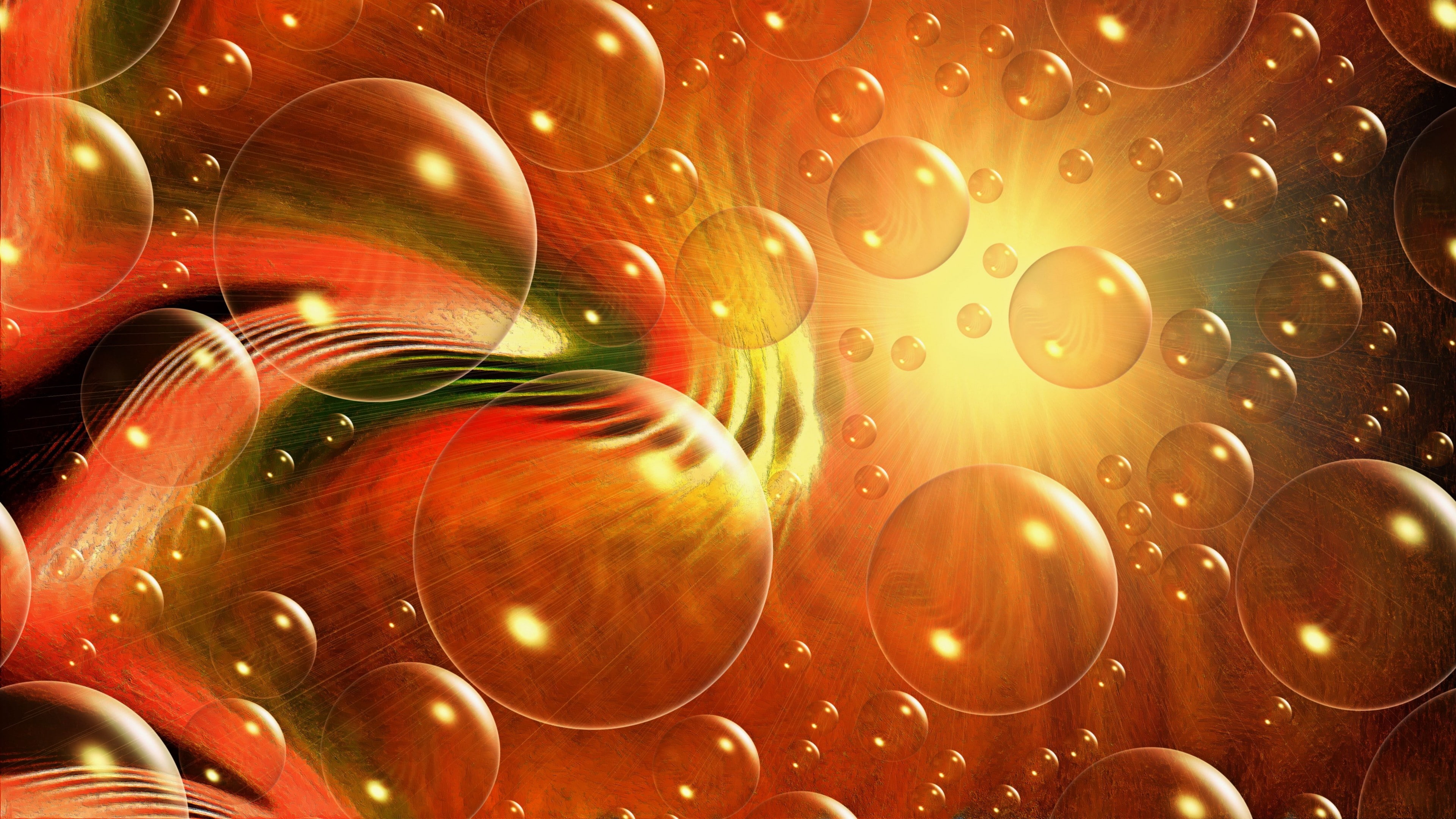 sphere, bubbles, lights, brown, digital art, 4K, abstract, CGI, wavy lines, HD Wallpaper