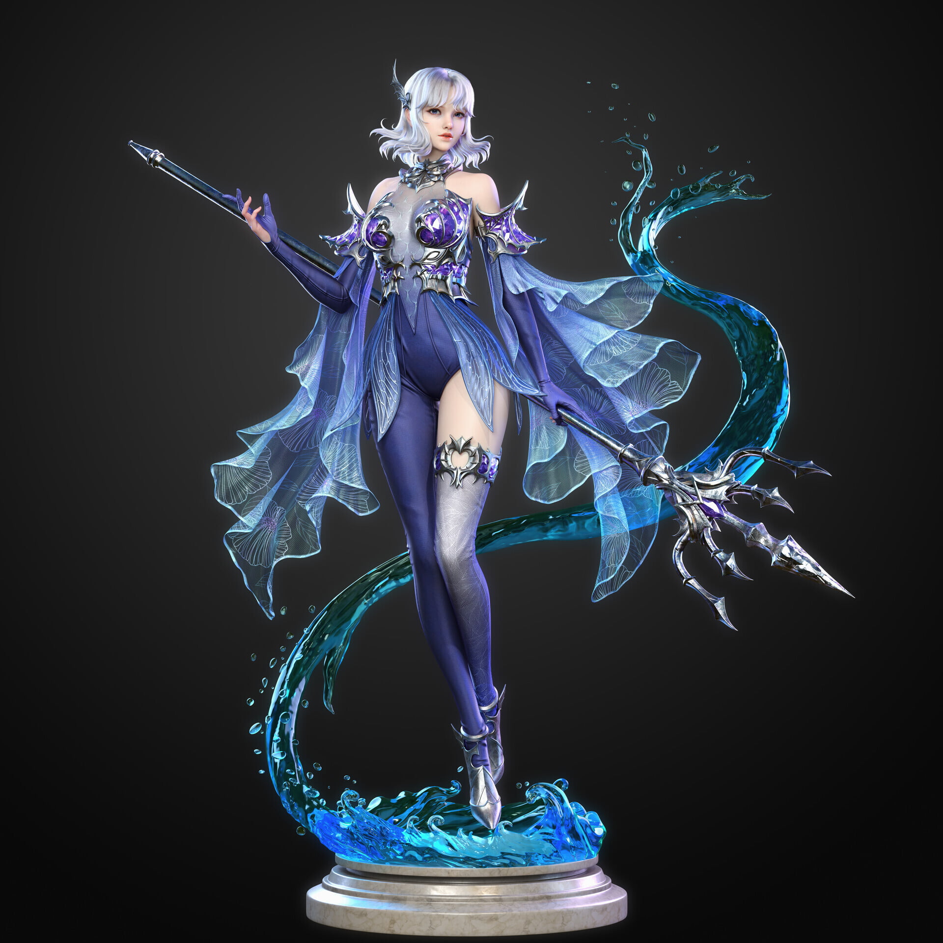 simple background, women, fantasy art, Lucas Liao, silver hair, blue clothing, trident, weapon, 1080P, water, dress, CGI, Phone HD Wallpaper
