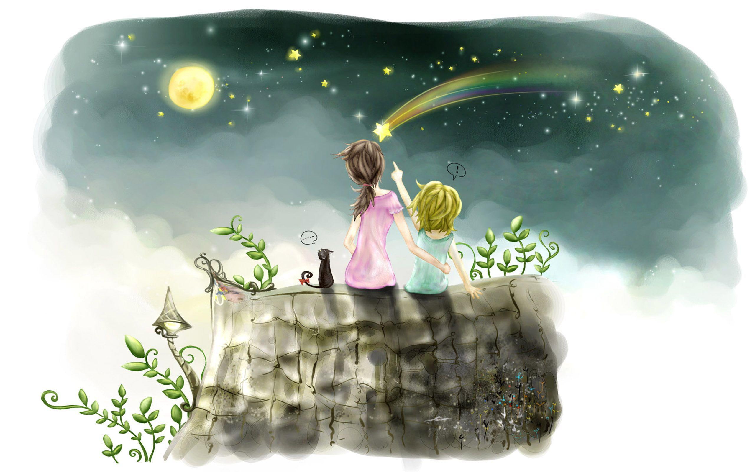 star, artistic, cat, wishing, woman, drawing, roof, 2560x1600, sitting, mother, upon, 2K, moon, child, HD Wallpaper
