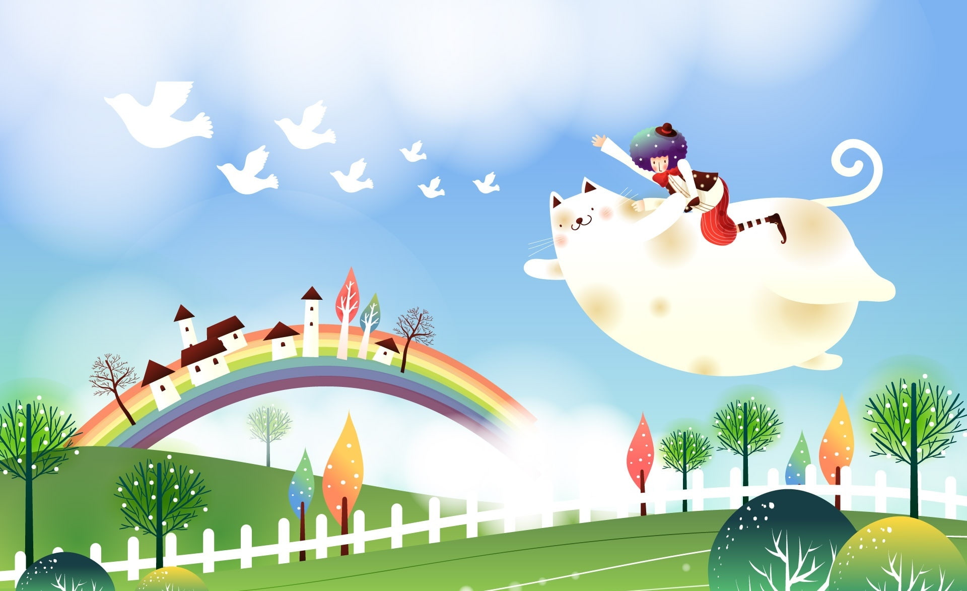 Fairytales, cat, flying cat, digital composite, outdoors, flag, patriotism, childhood fairytales, Childhood, art and craft, motion, Aero, shape, building exterior, HD Wallpaper